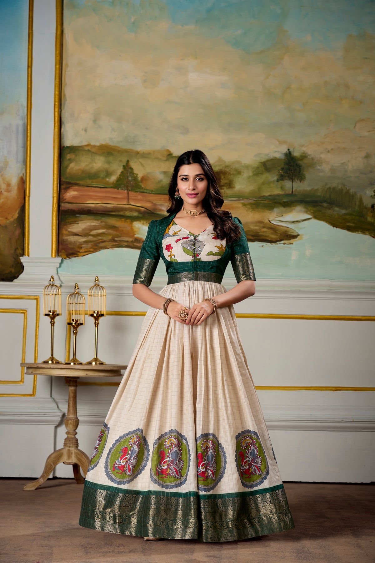 off-White Kalamkari Print Silk Gown With Green Jacket