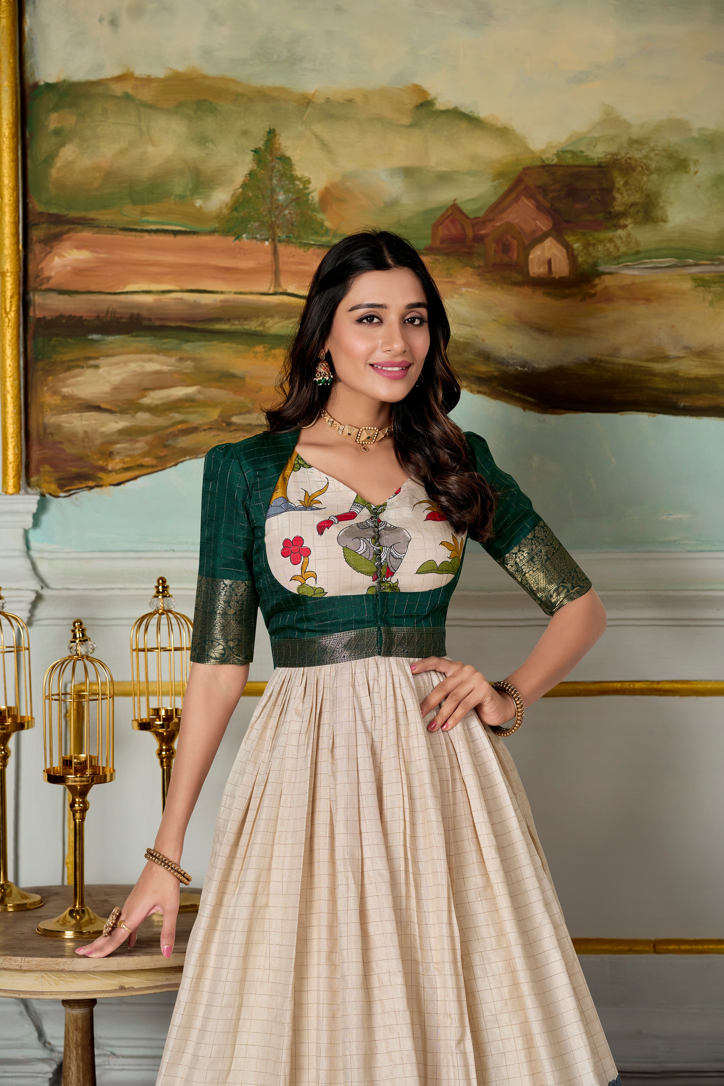 off-White Kalamkari Print Silk Gown With Green Jacket