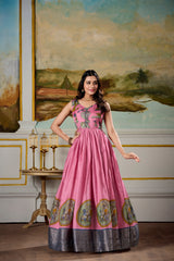 Pink Elegant Dola Silk Kalamkari Print Gown with Zari Weaving Koti