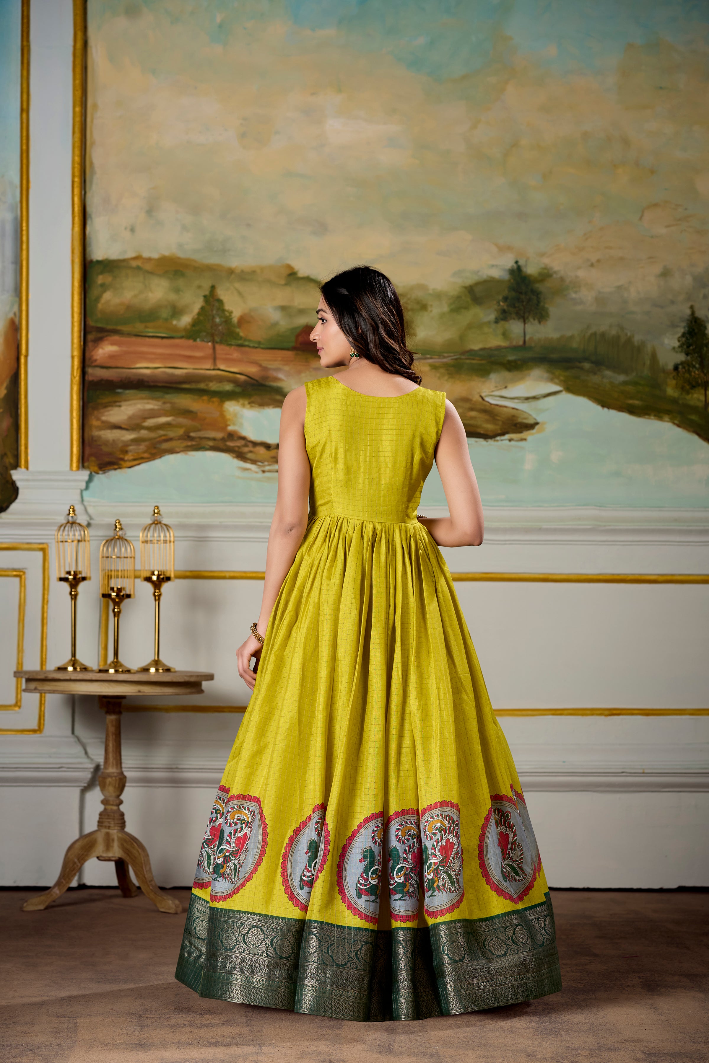 Marvelous Parrot Green Dola Silk Digital Print Event Wear Gown With Jacket