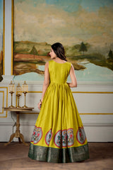 Marvelous Parrot Green Dola Silk Digital Print Event Wear Gown With Jacket