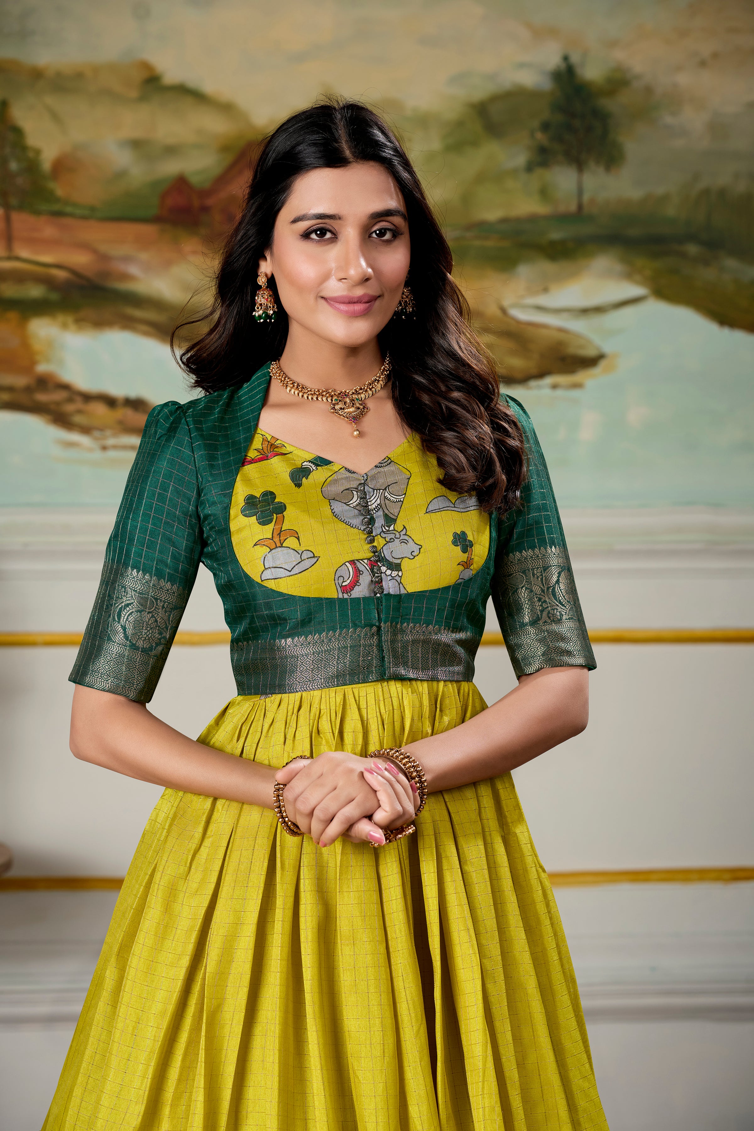 Marvelous Parrot Green Dola Silk Digital Print Event Wear Gown With Jacket