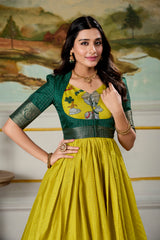 Marvelous Parrot Green Dola Silk Digital Print Event Wear Gown With Jacket