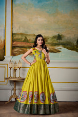 Marvelous Parrot Green Dola Silk Digital Print Event Wear Gown With Jacket