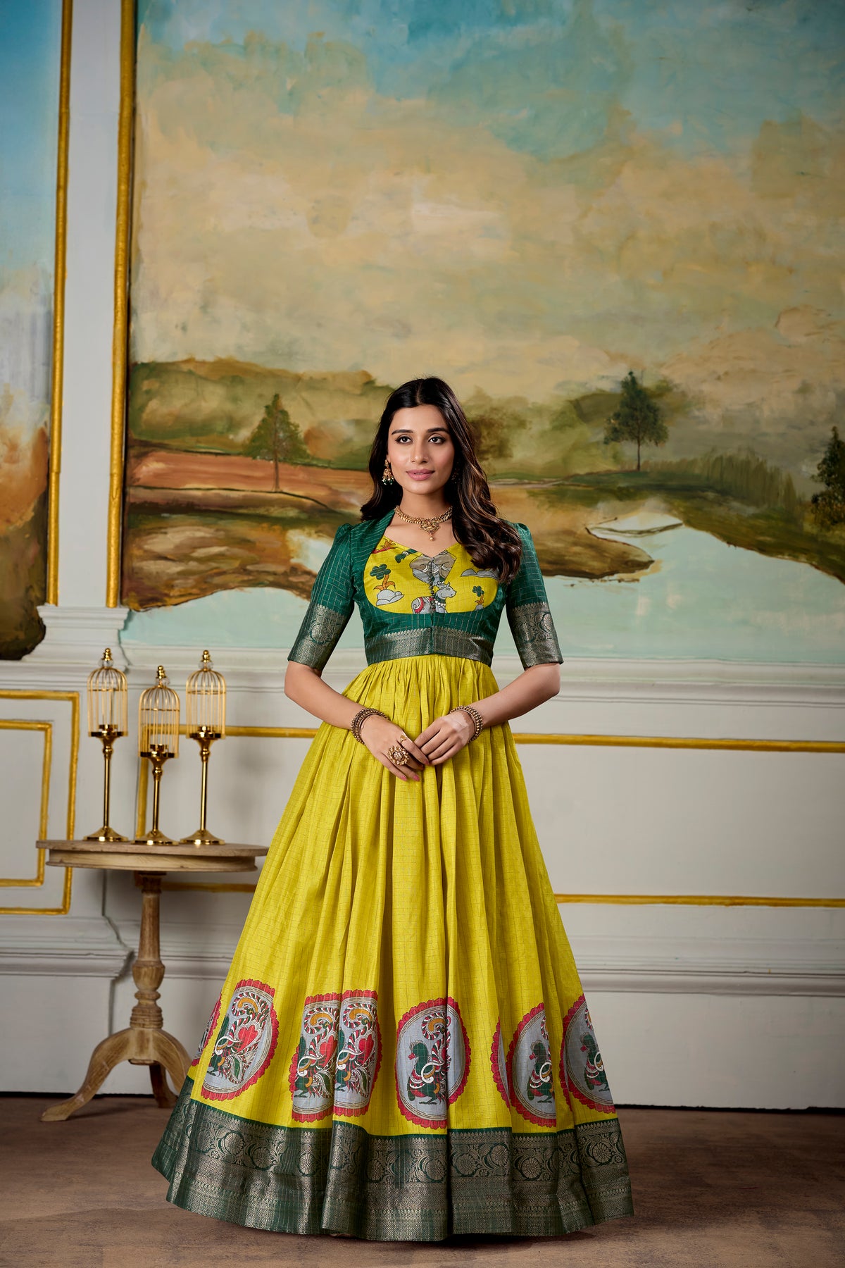 Marvelous Parrot Green Dola Silk Digital Print Event Wear Gown With Jacket