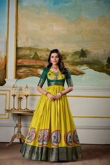 Marvelous Parrot Green Dola Silk Digital Print Event Wear Gown With Jacket