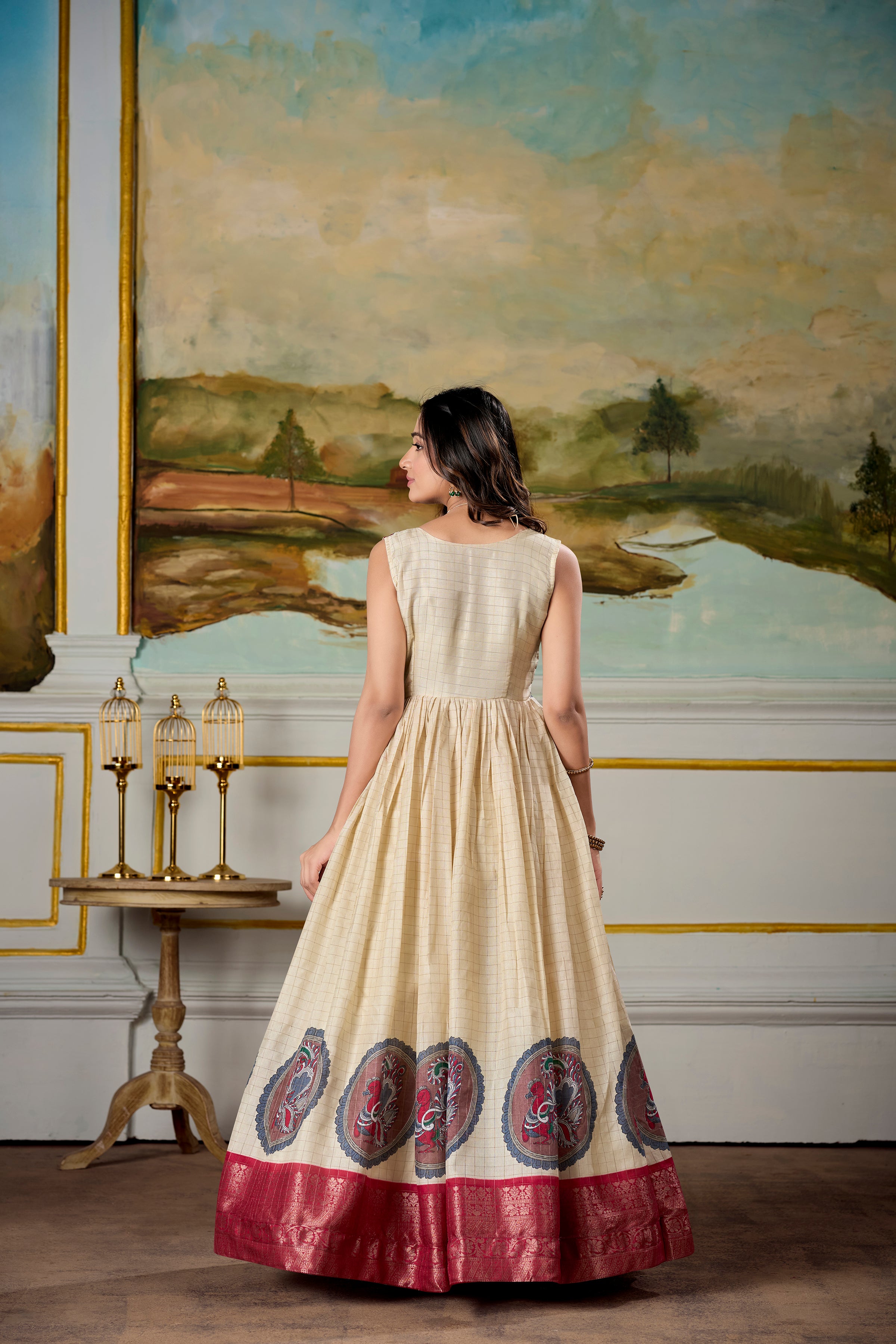 Red Color Dola Silk Kalamkari Gown With koti
