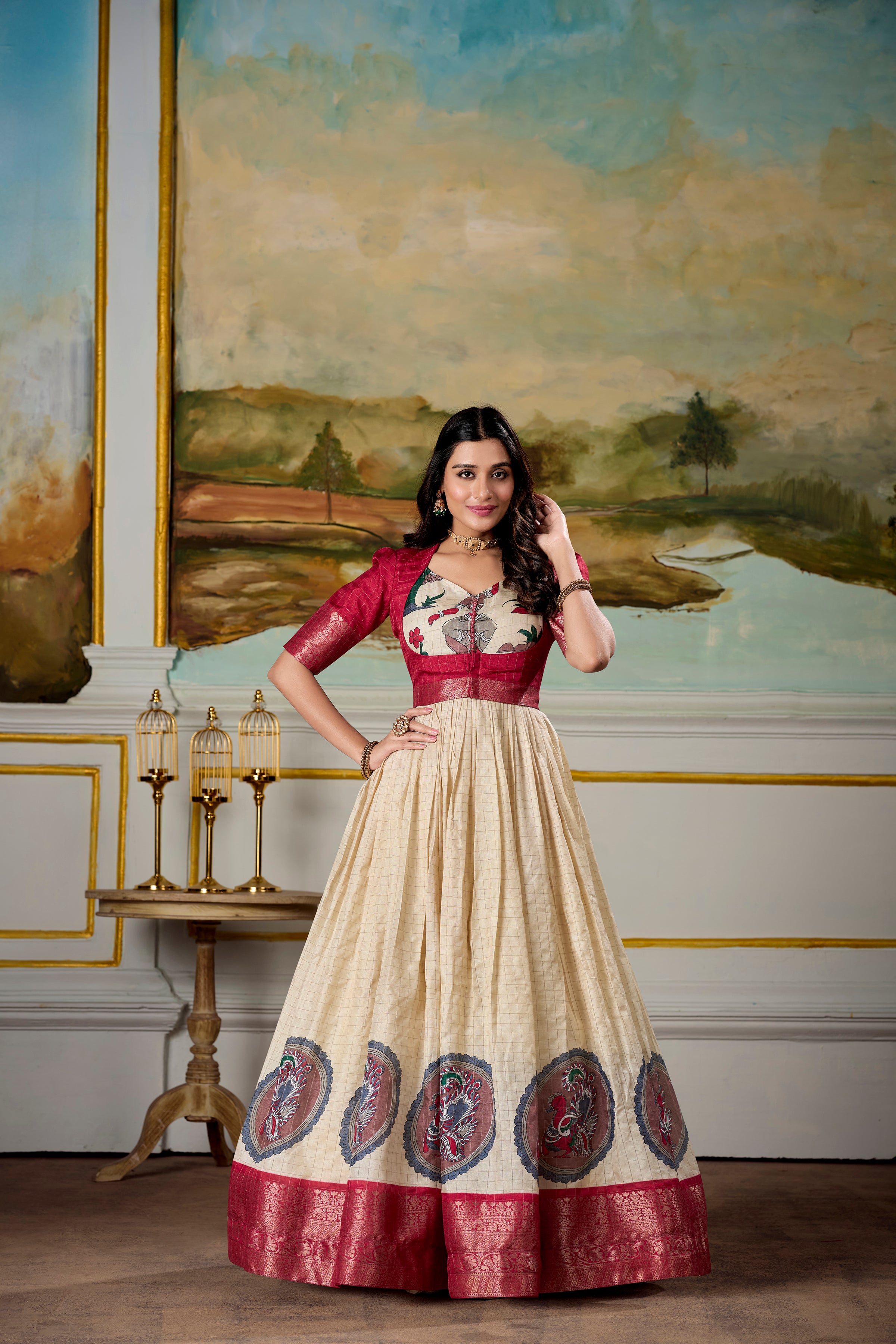 Red Color Dola Silk Kalamkari Gown With koti