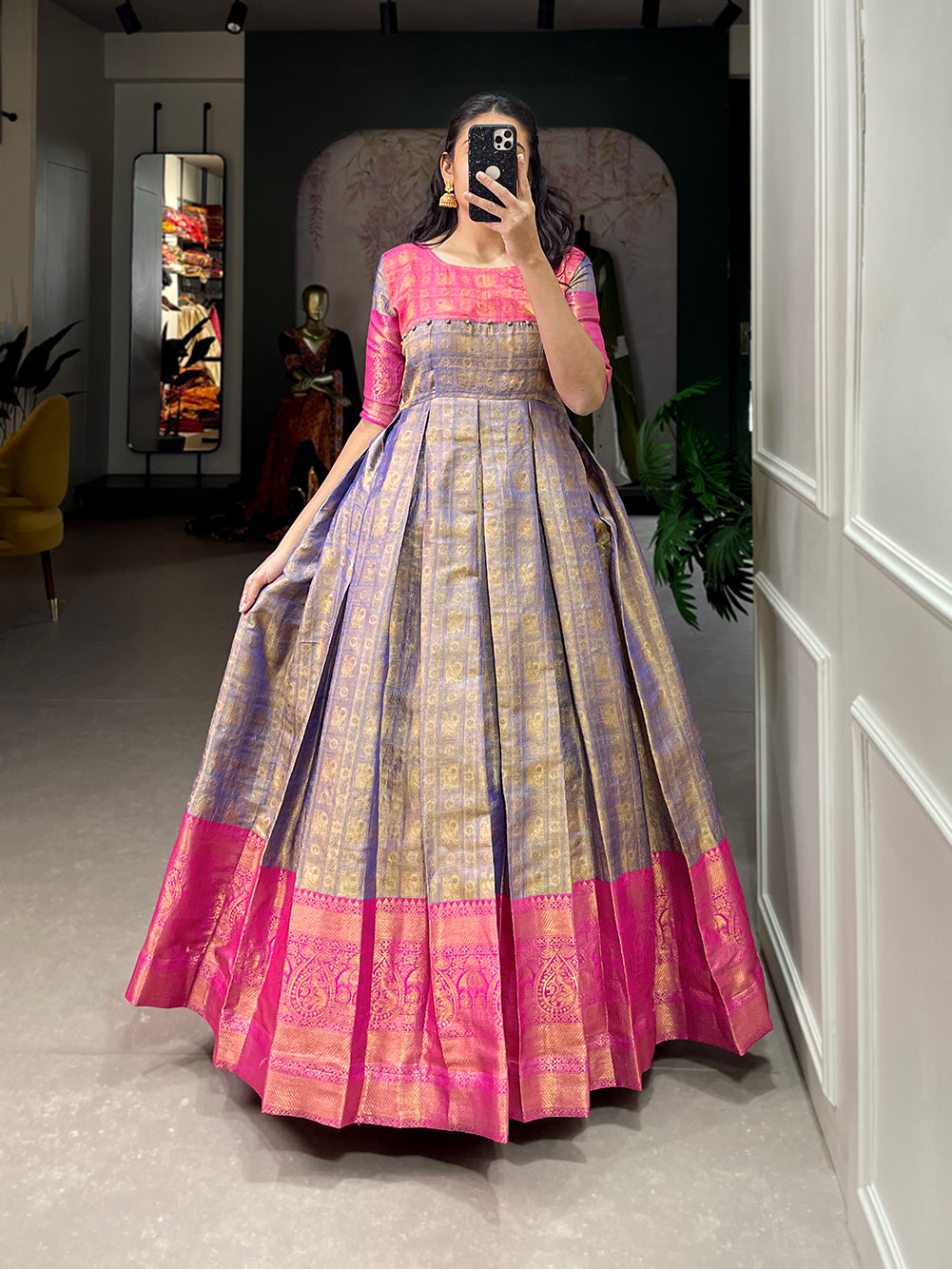 Blue Color Zari Weaving Work Kanjivaram Dress