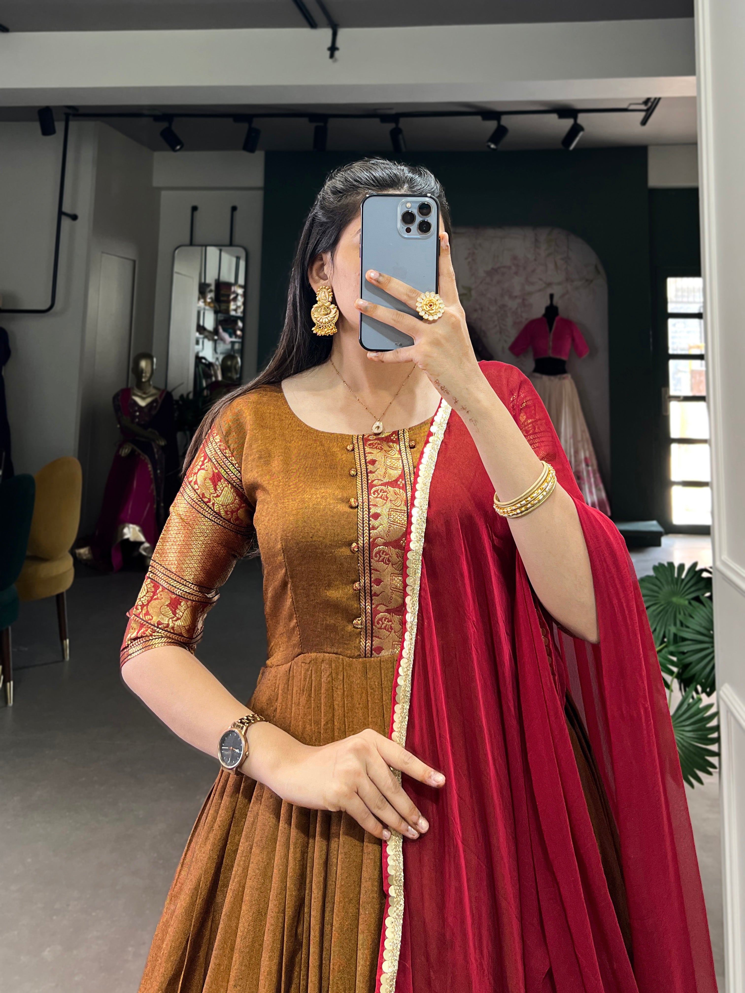 Rust Brown Cotton Anarkali Gown