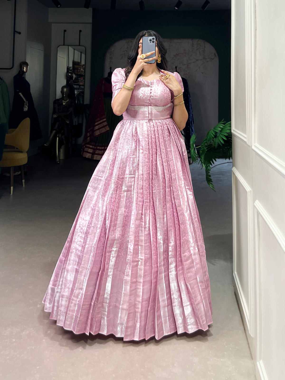 Kanjivaram Silk Party Gown With Weaving & Zari Work