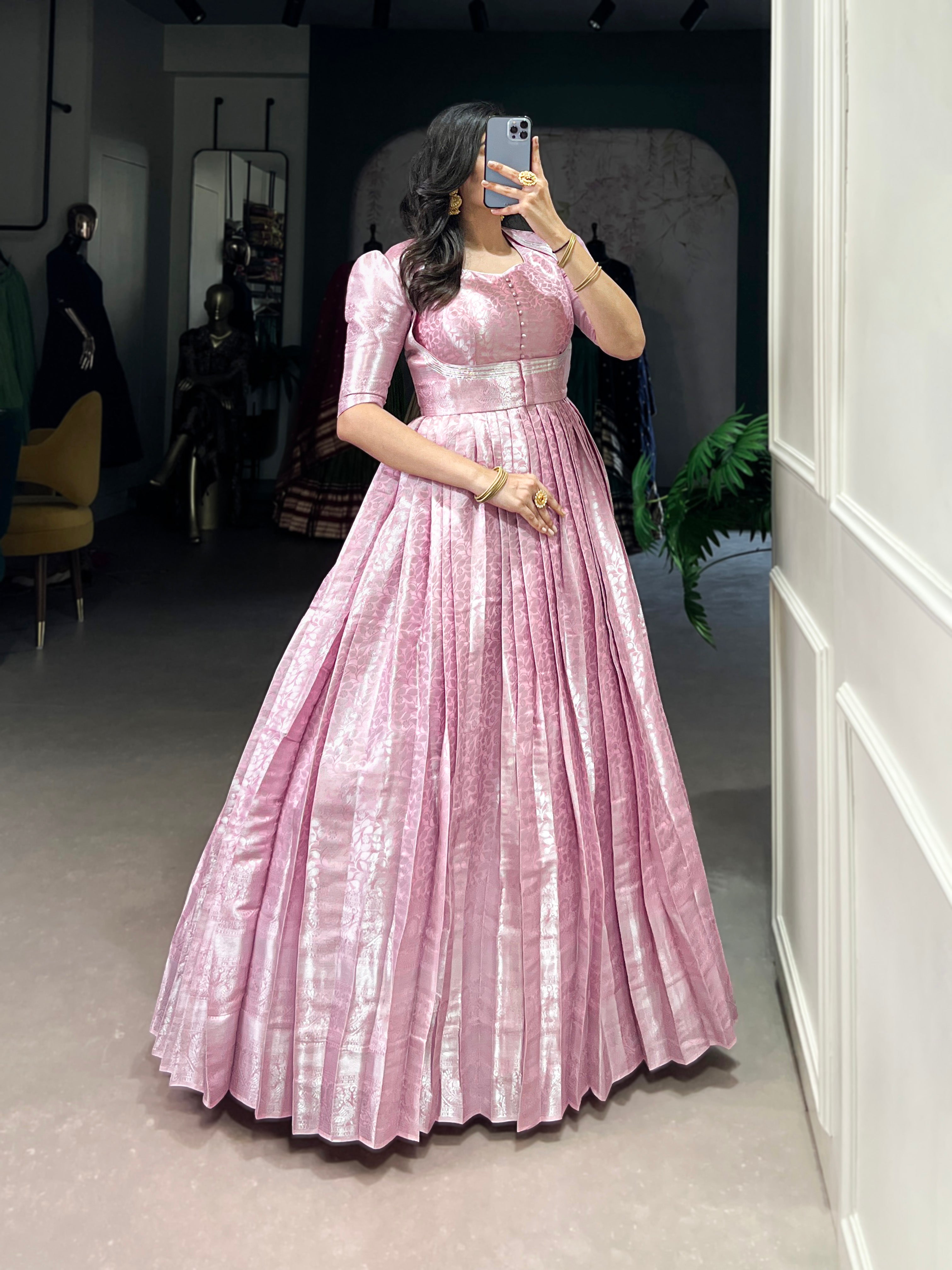 Kanjivaram Silk Party Gown With Weaving & Zari Work