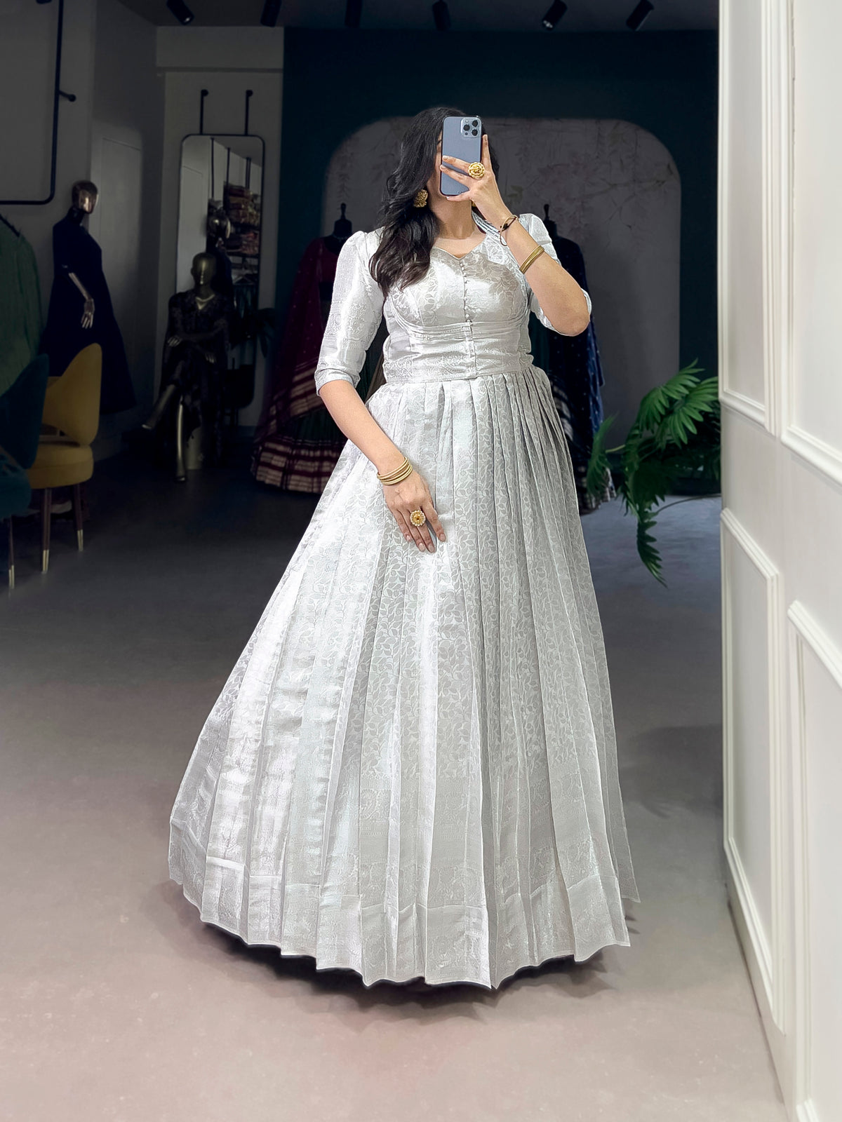 Kanjivaram Long Party Wear Gown With Koti For Girls