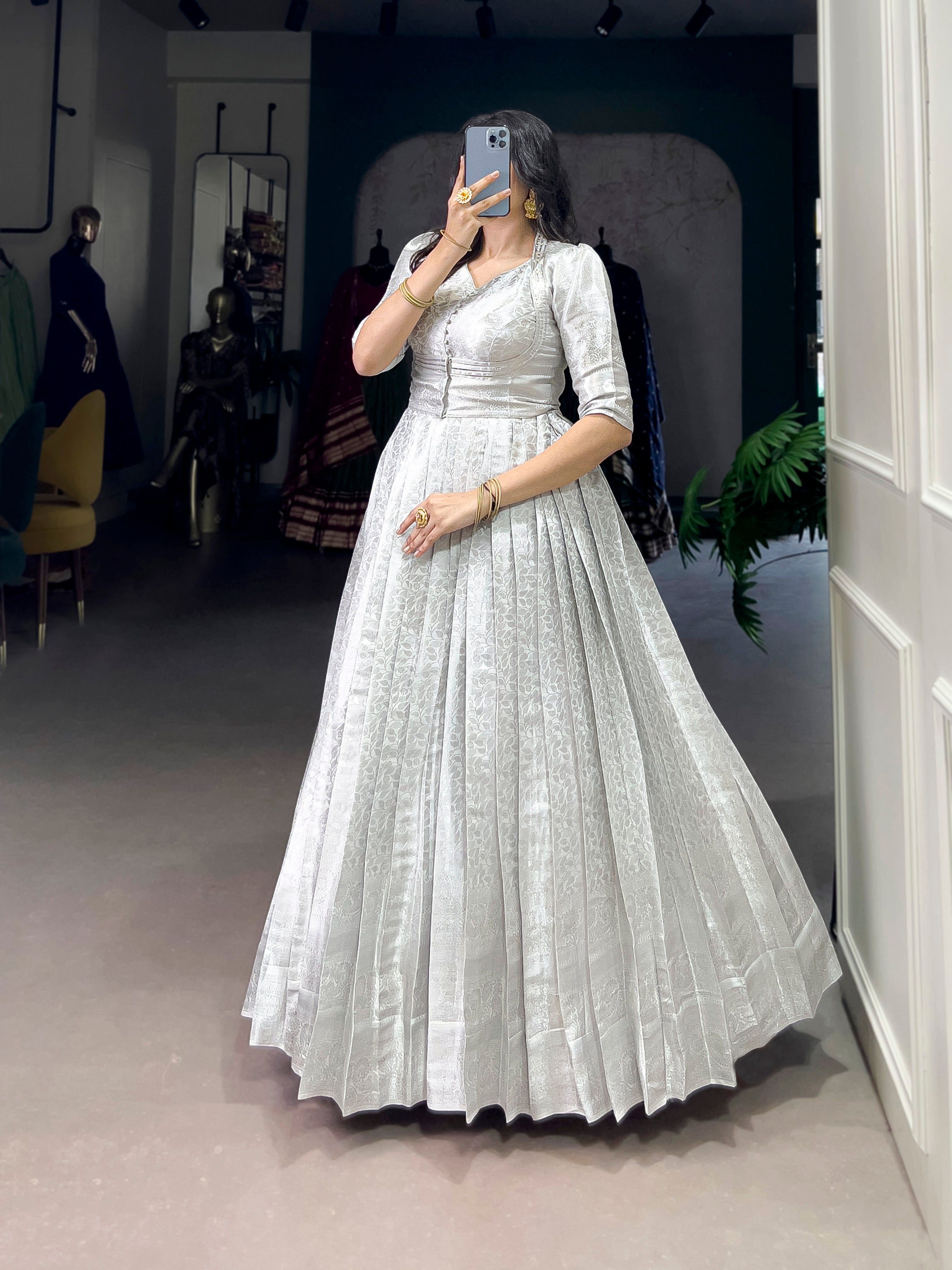 Kanjivaram Long Party Wear Gown With Koti For Girls