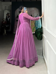 Elegant Purple Color Silver Glory Hotfix Sequins Thread Work Gown