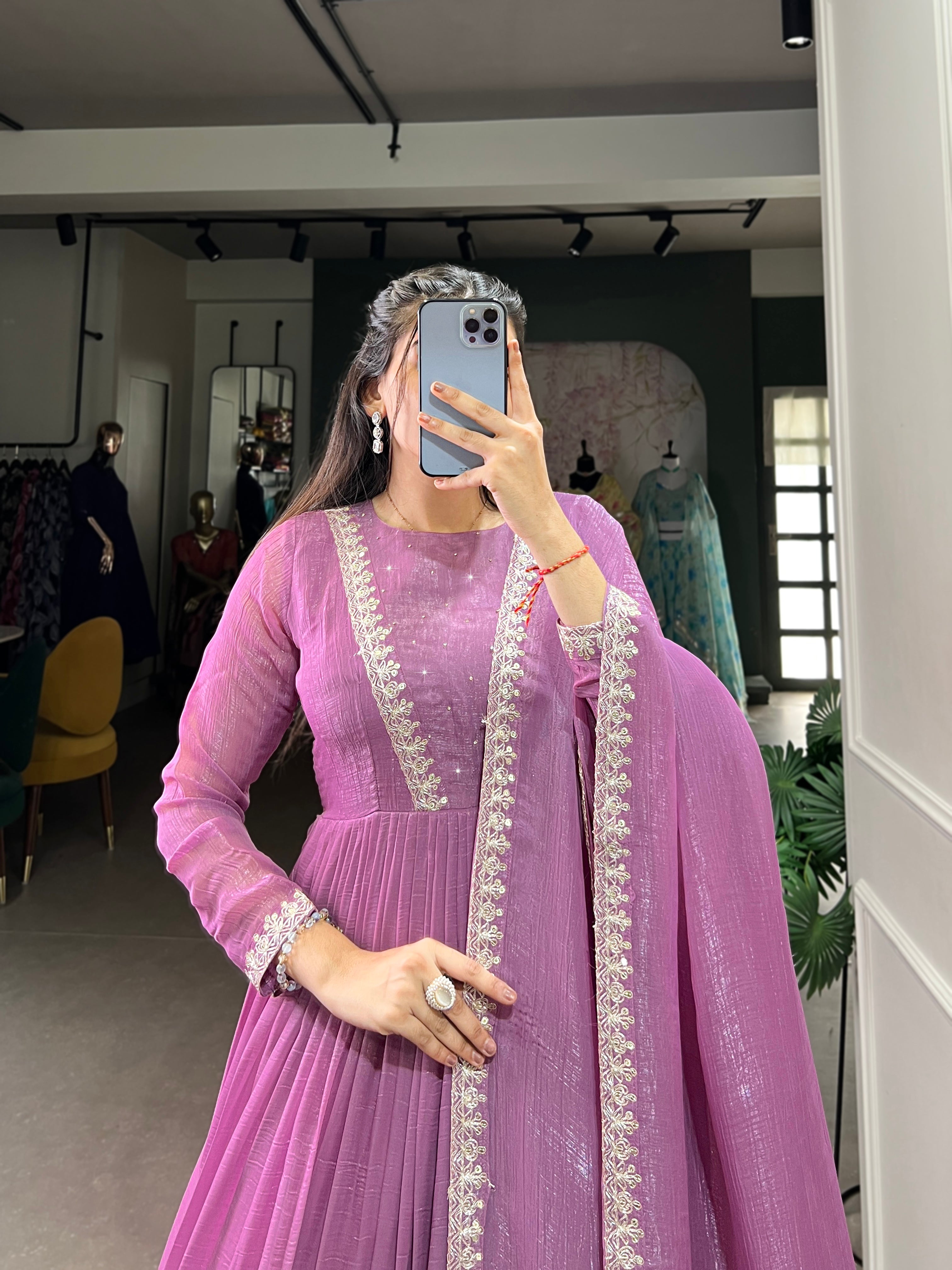 Elegant Purple Color Silver Glory Hotfix Sequins Thread Work Gown