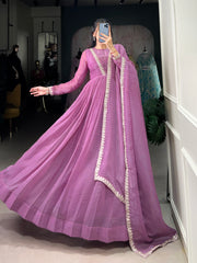 Elegant Purple Color Silver Glory Hotfix Sequins Thread Work Gown