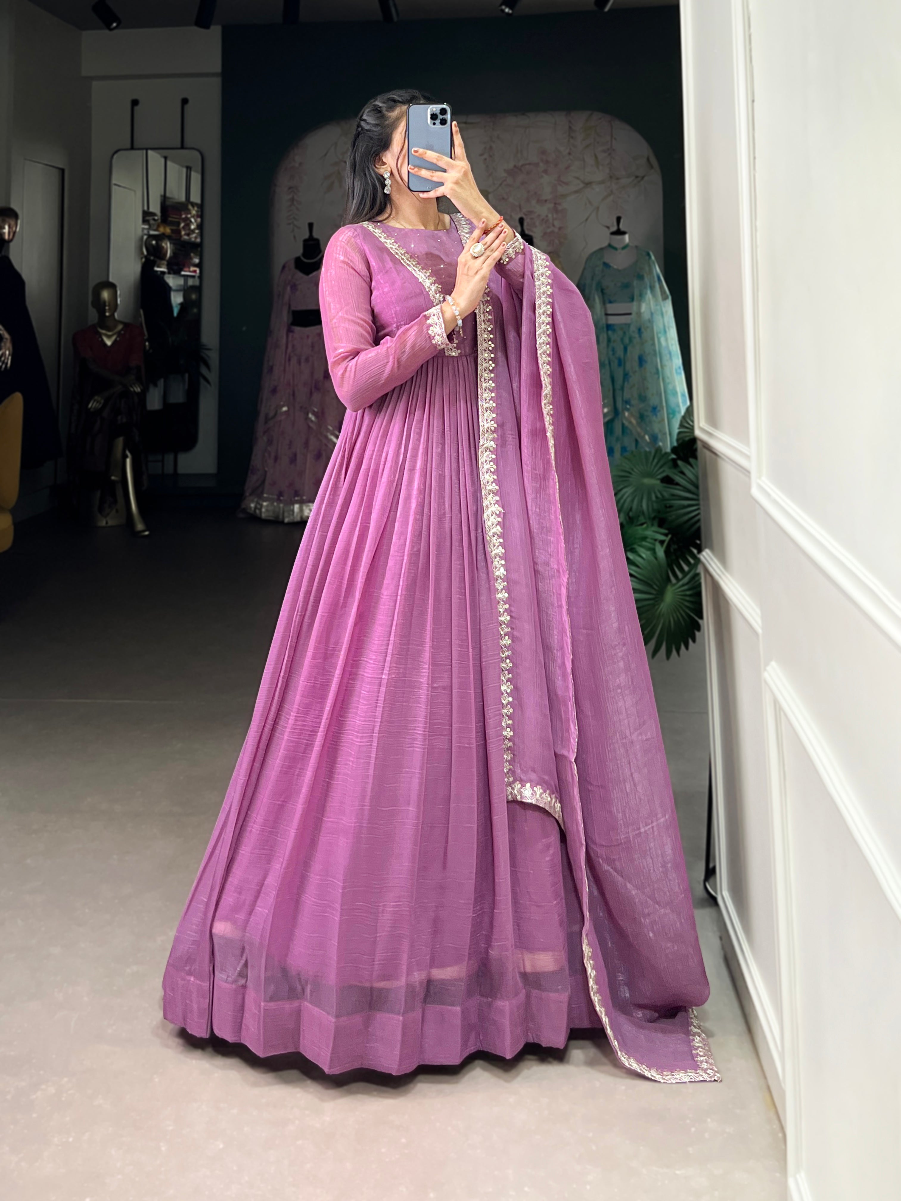 Elegant Purple Color Silver Glory Hotfix Sequins Thread Work Gown