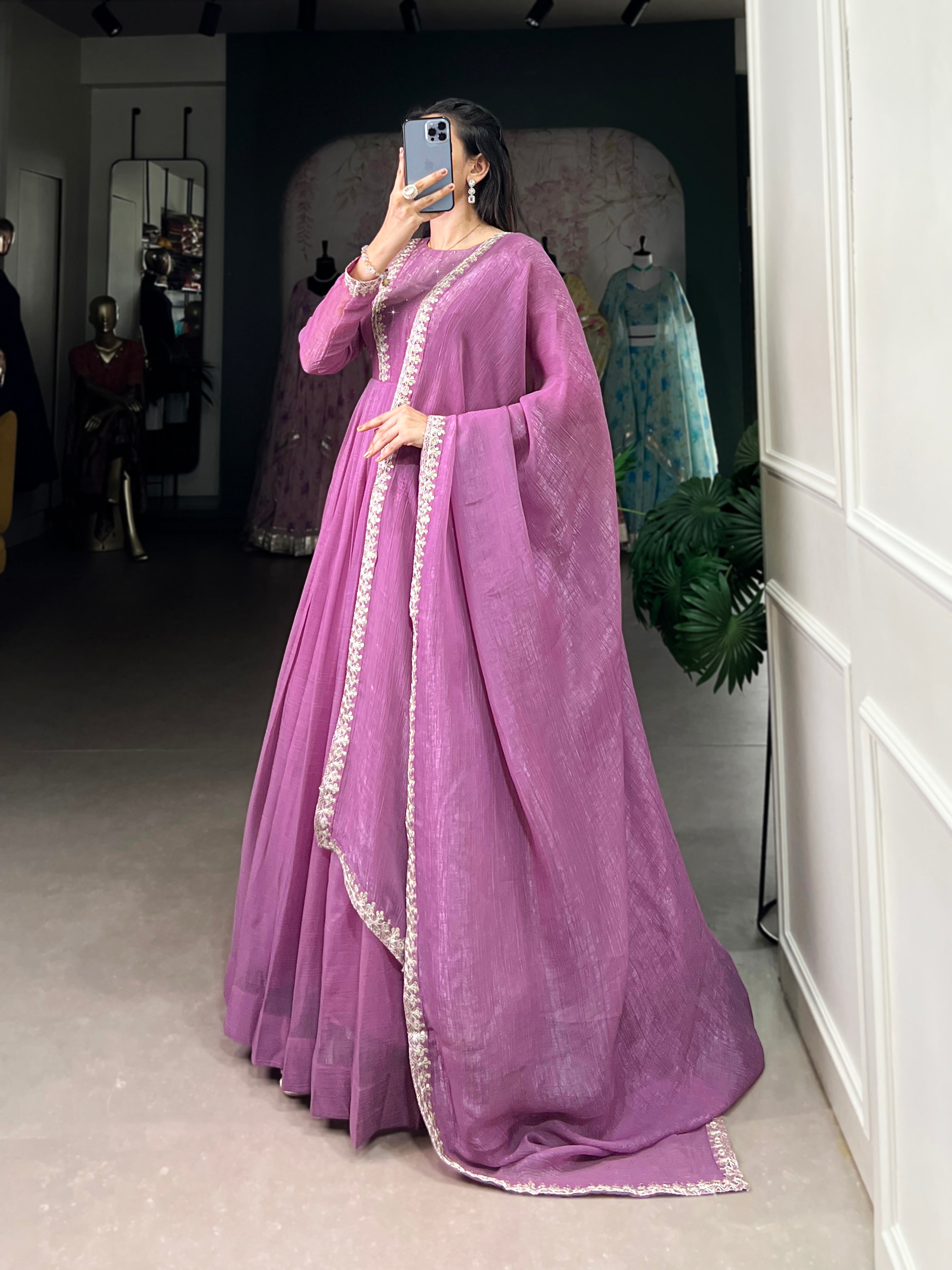 Elegant Purple Color Silver Glory Hotfix Sequins Thread Work Gown