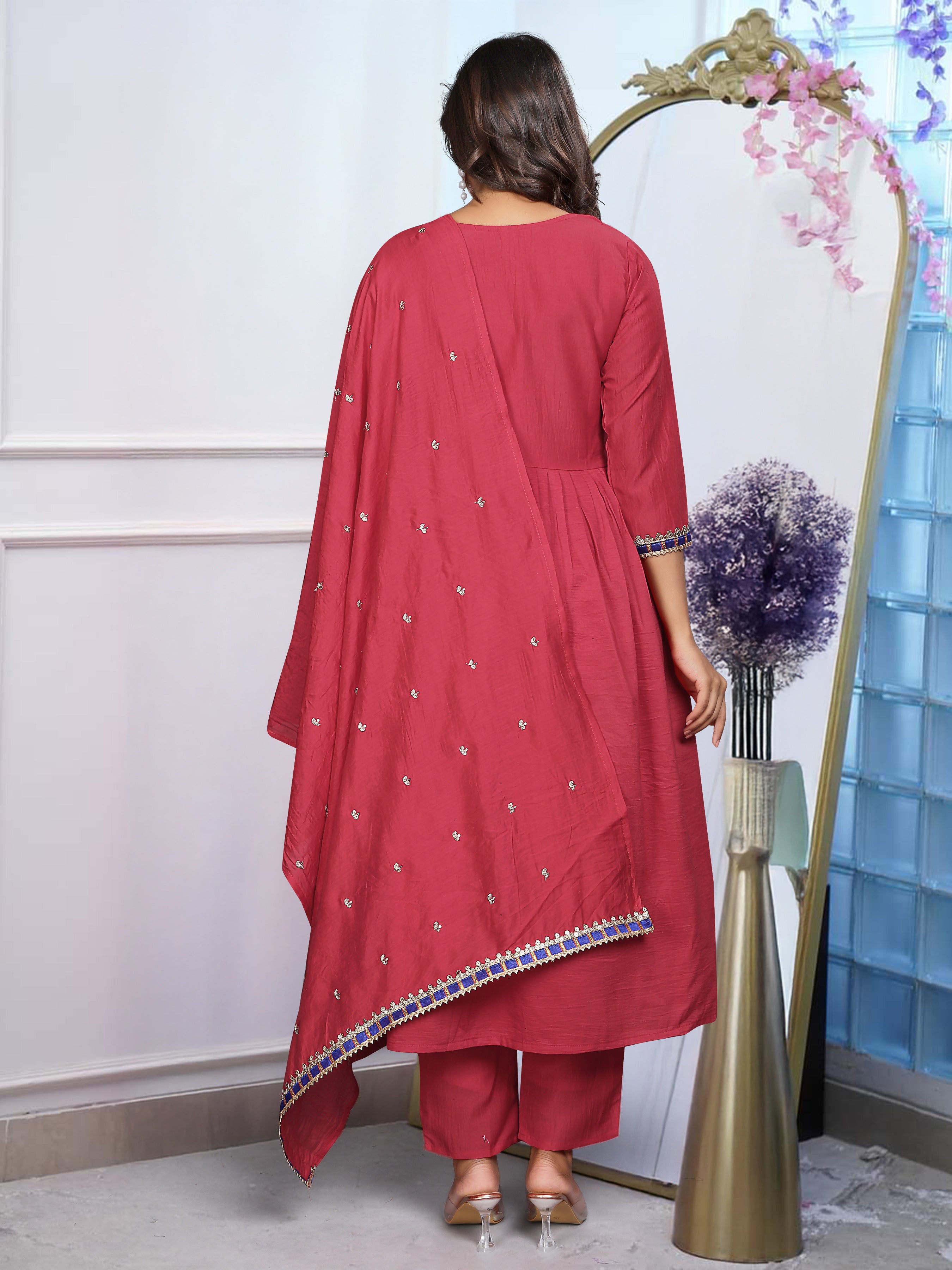 Red Embroidered Chinnon Salwar Kameez