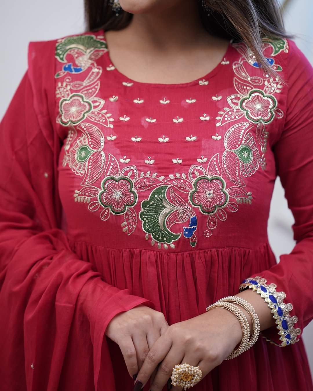 Red Embroidered Chinnon Salwar Kameez