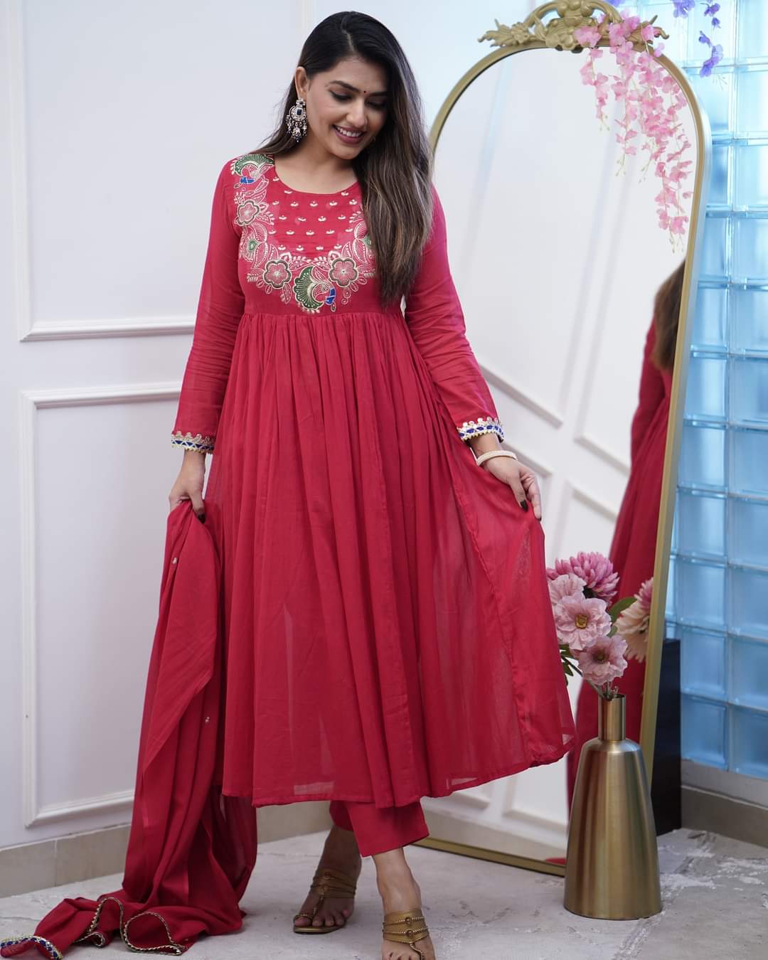 Red Embroidered Chinnon Salwar Kameez