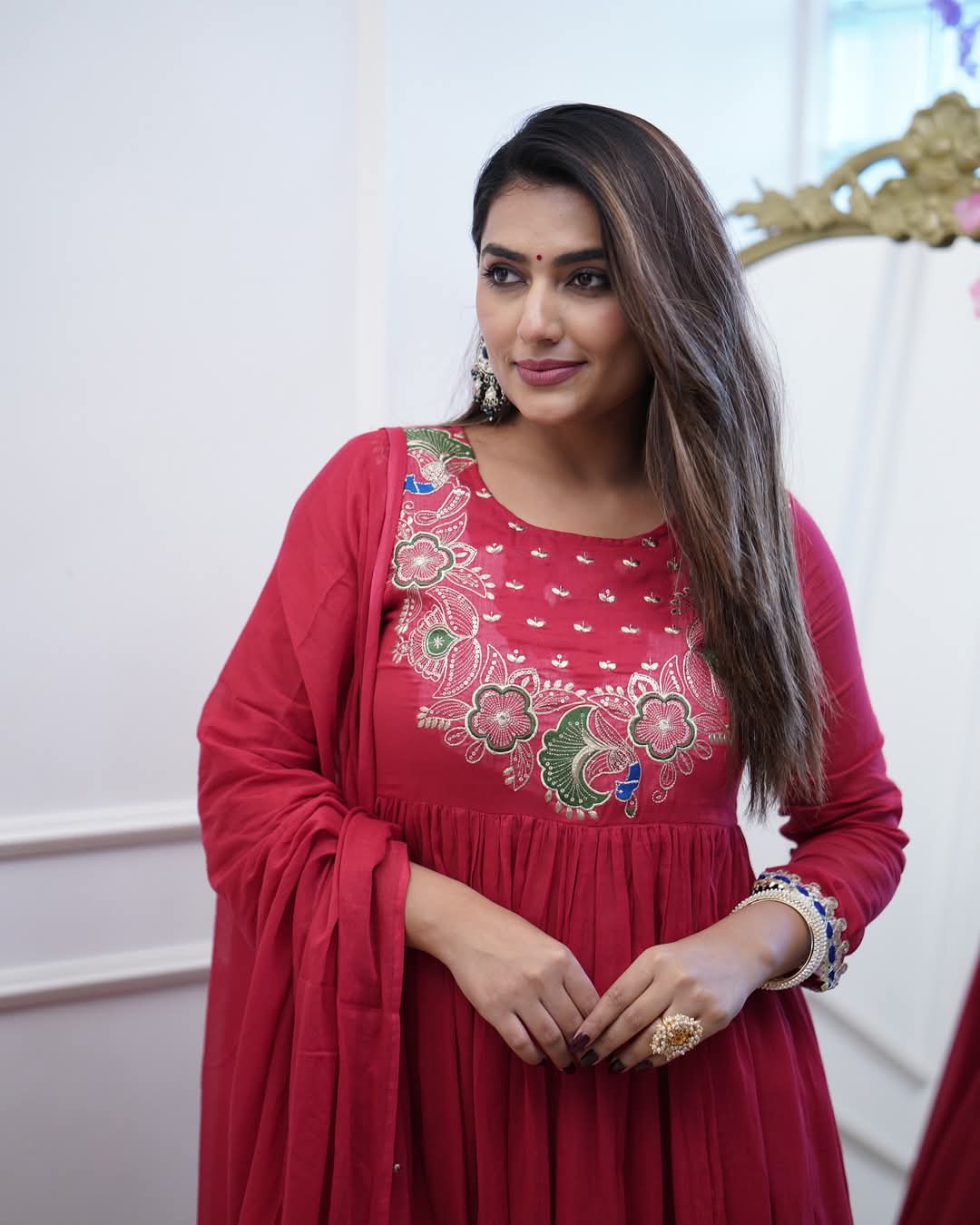 Red Embroidered Chinnon Salwar Kameez