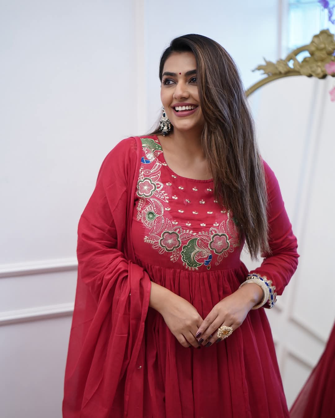 Red Embroidered Chinnon Salwar Kameez