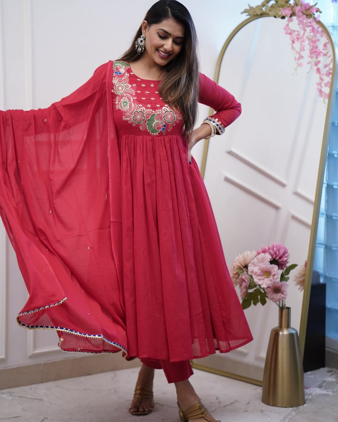 Red Embroidered Chinnon Salwar Kameez