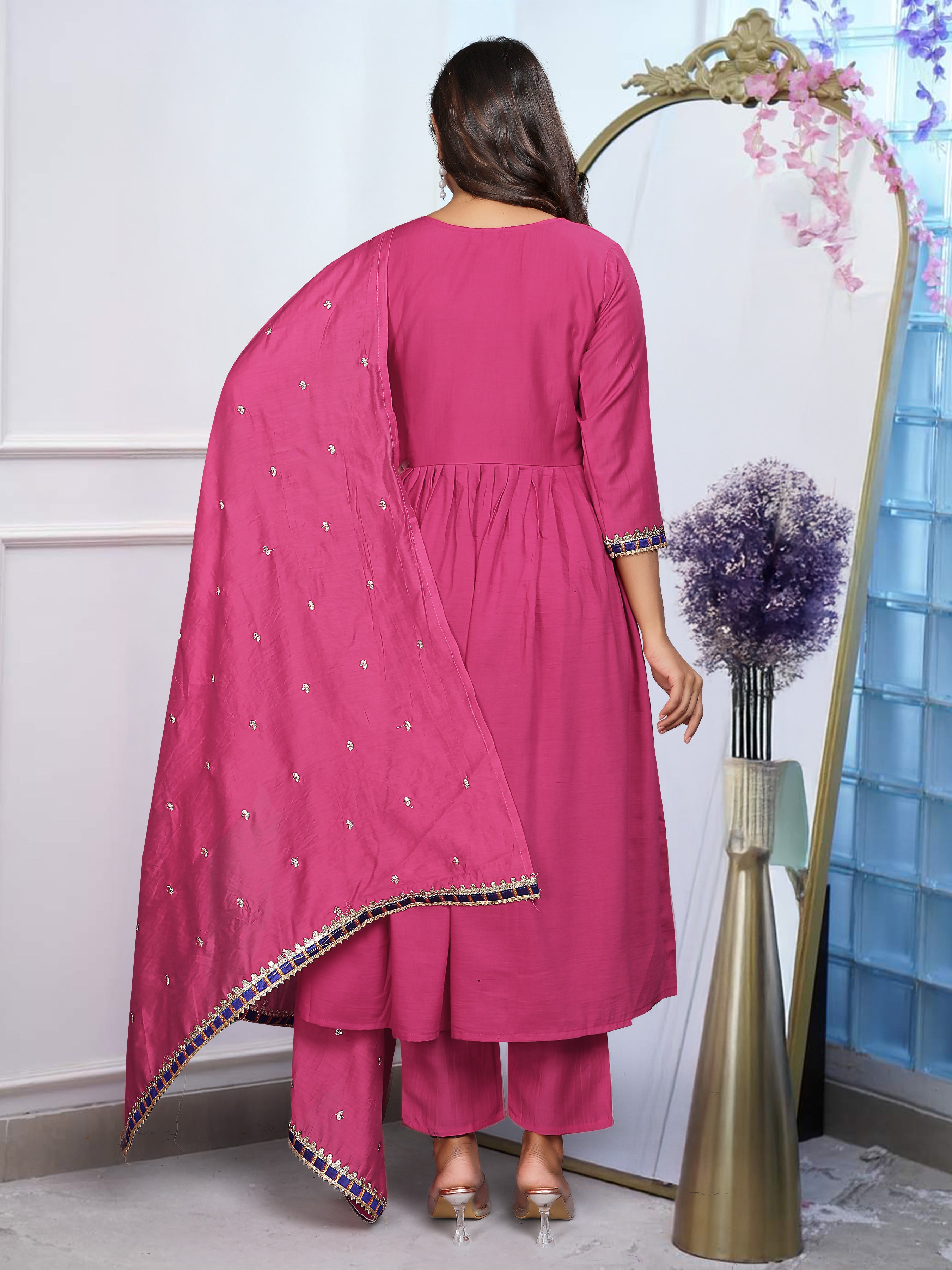 Rani Pink Embroidered Chinnon Salwar Kameez