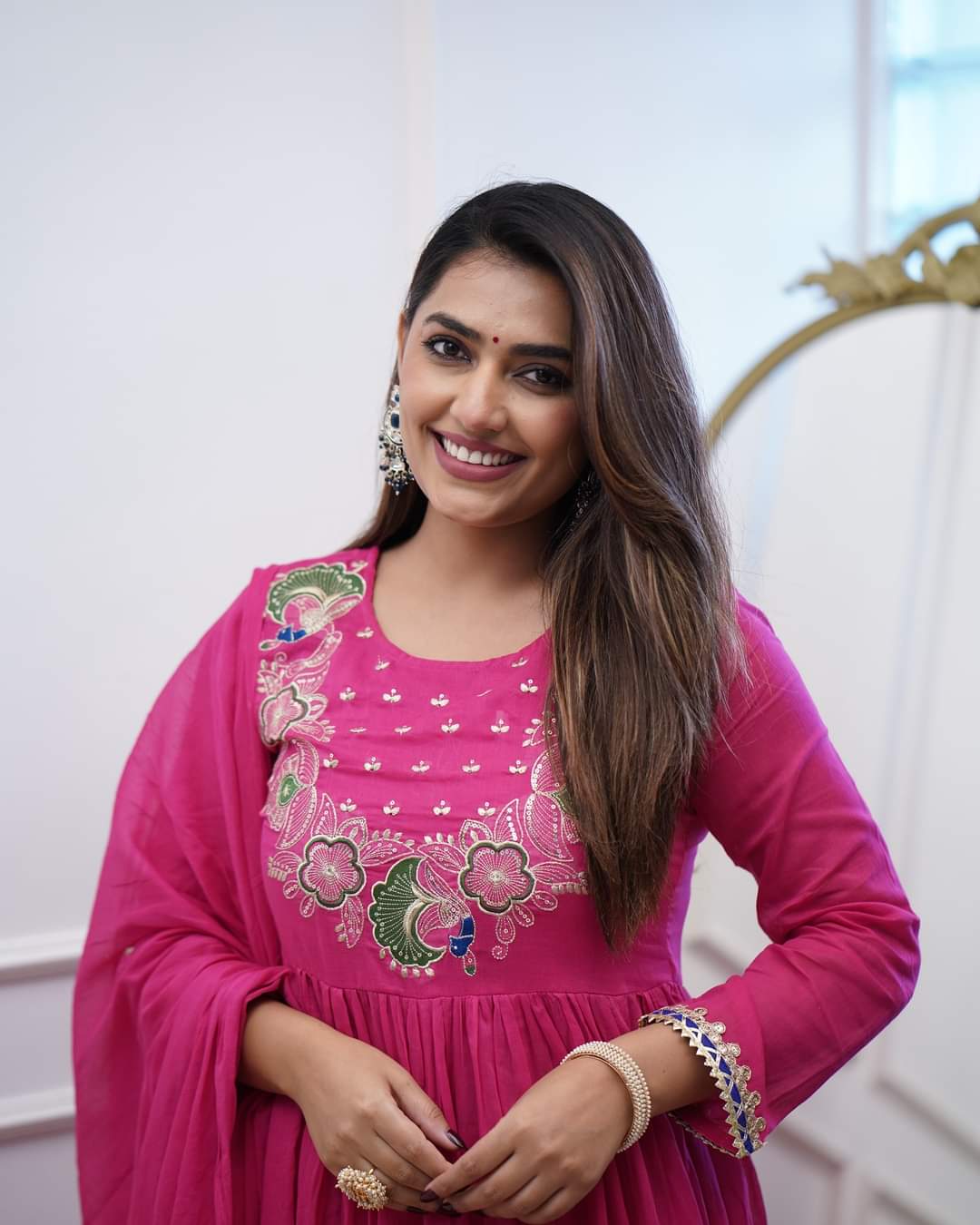 Rani Pink Embroidered Chinnon Salwar Kameez