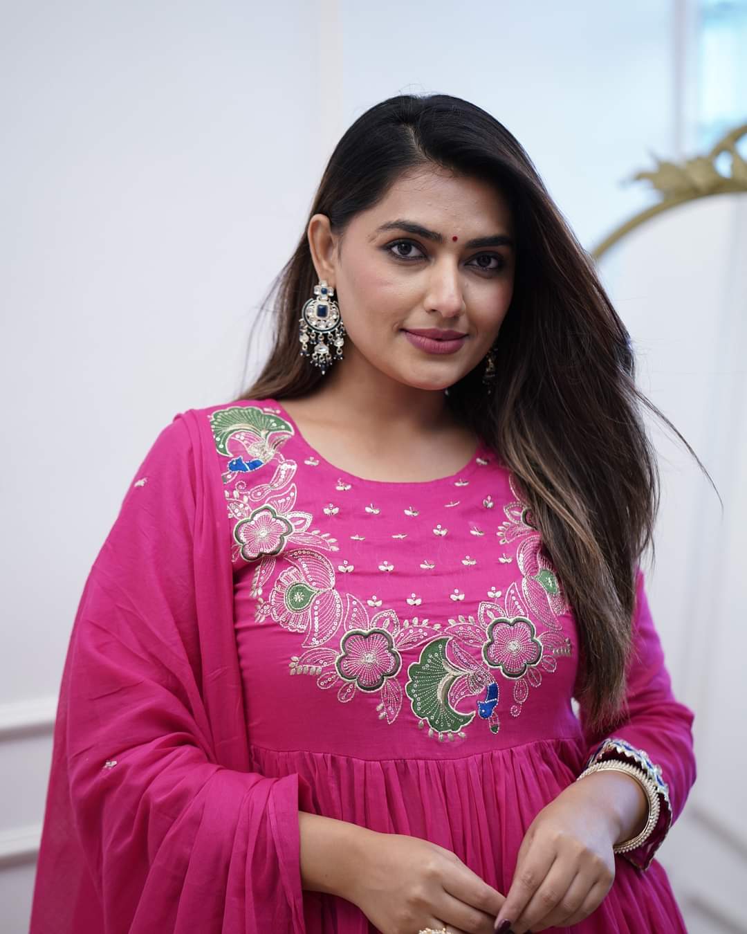Rani Pink Embroidered Chinnon Salwar Kameez
