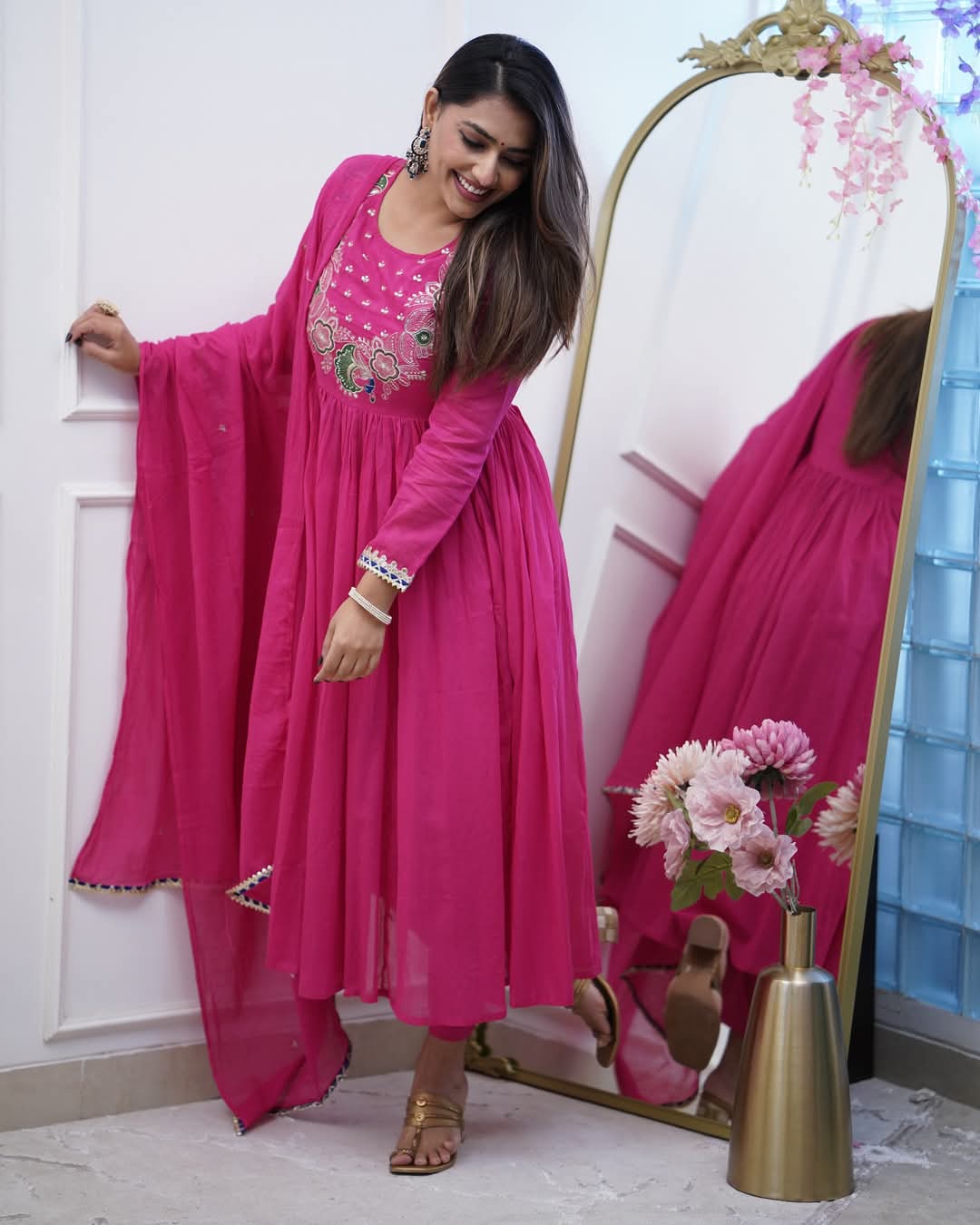 Rani Pink Embroidered Chinnon Salwar Kameez
