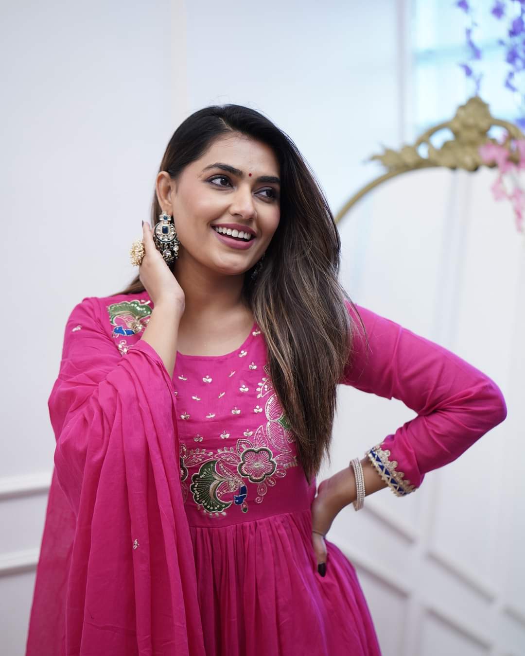 Rani Pink Embroidered Chinnon Salwar Kameez