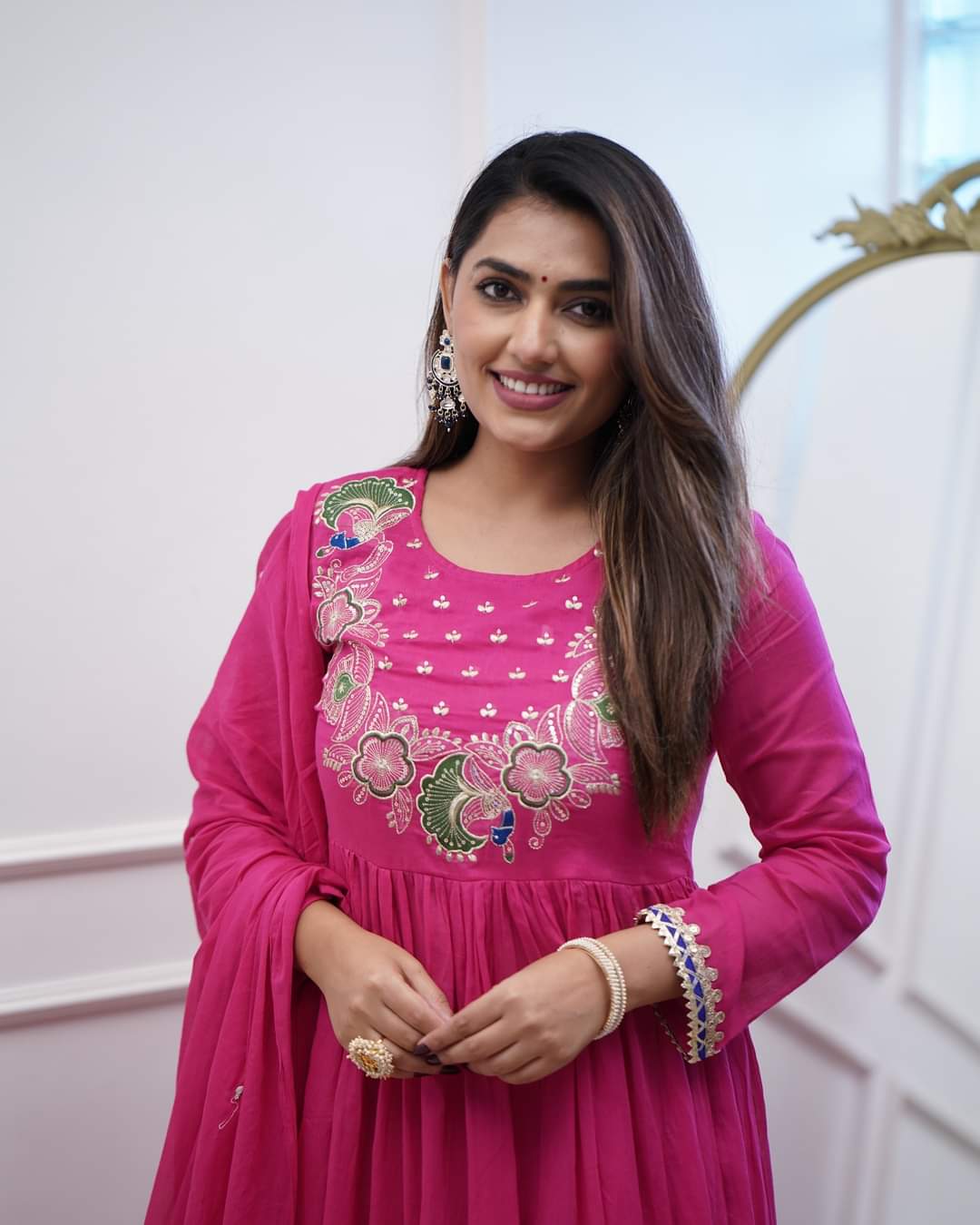 Rani Pink Embroidered Chinnon Salwar Kameez