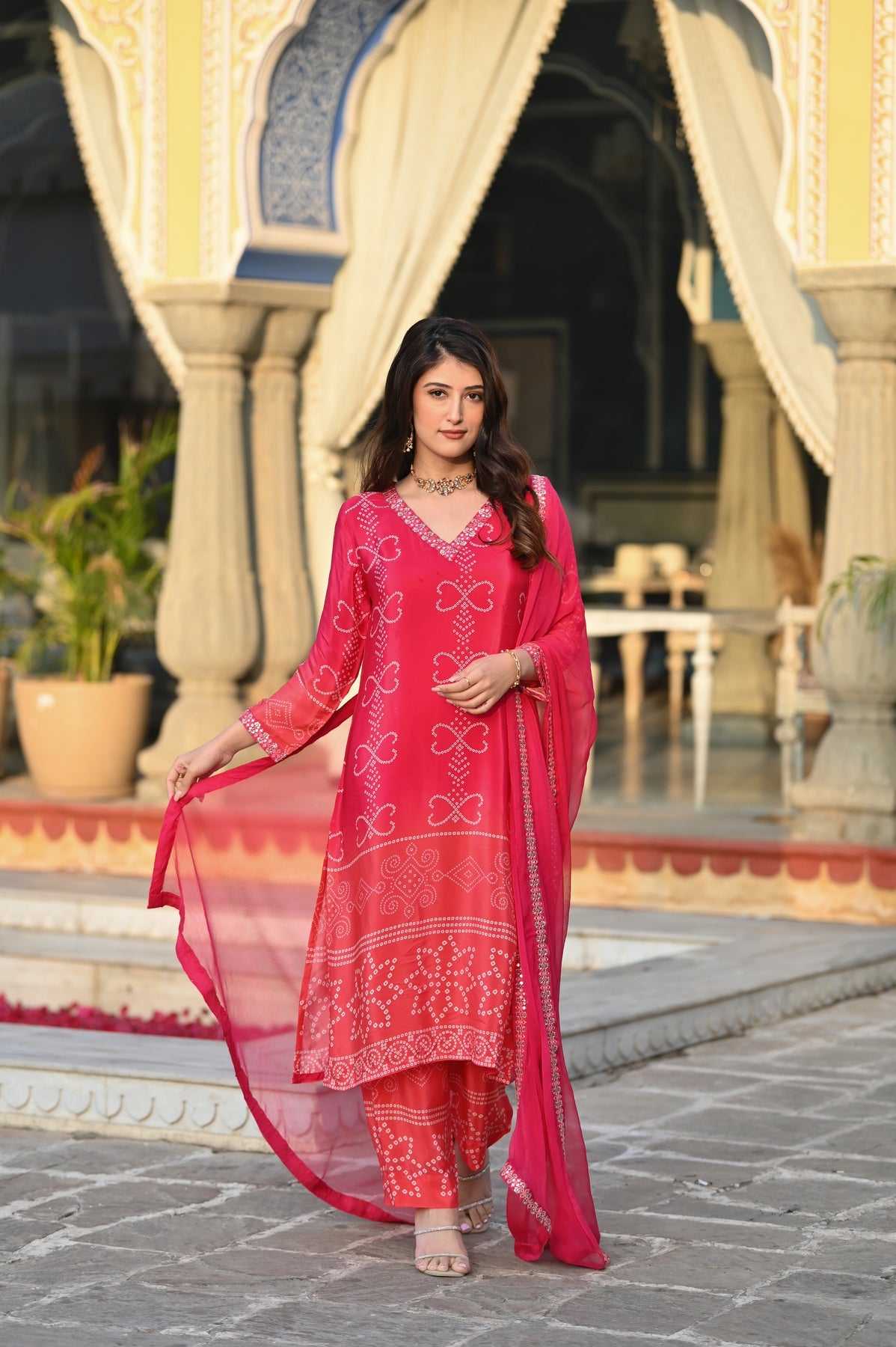 Trendy red Bandhani Printed Kurta Set for Women – Ethnic Suit with Dupatta