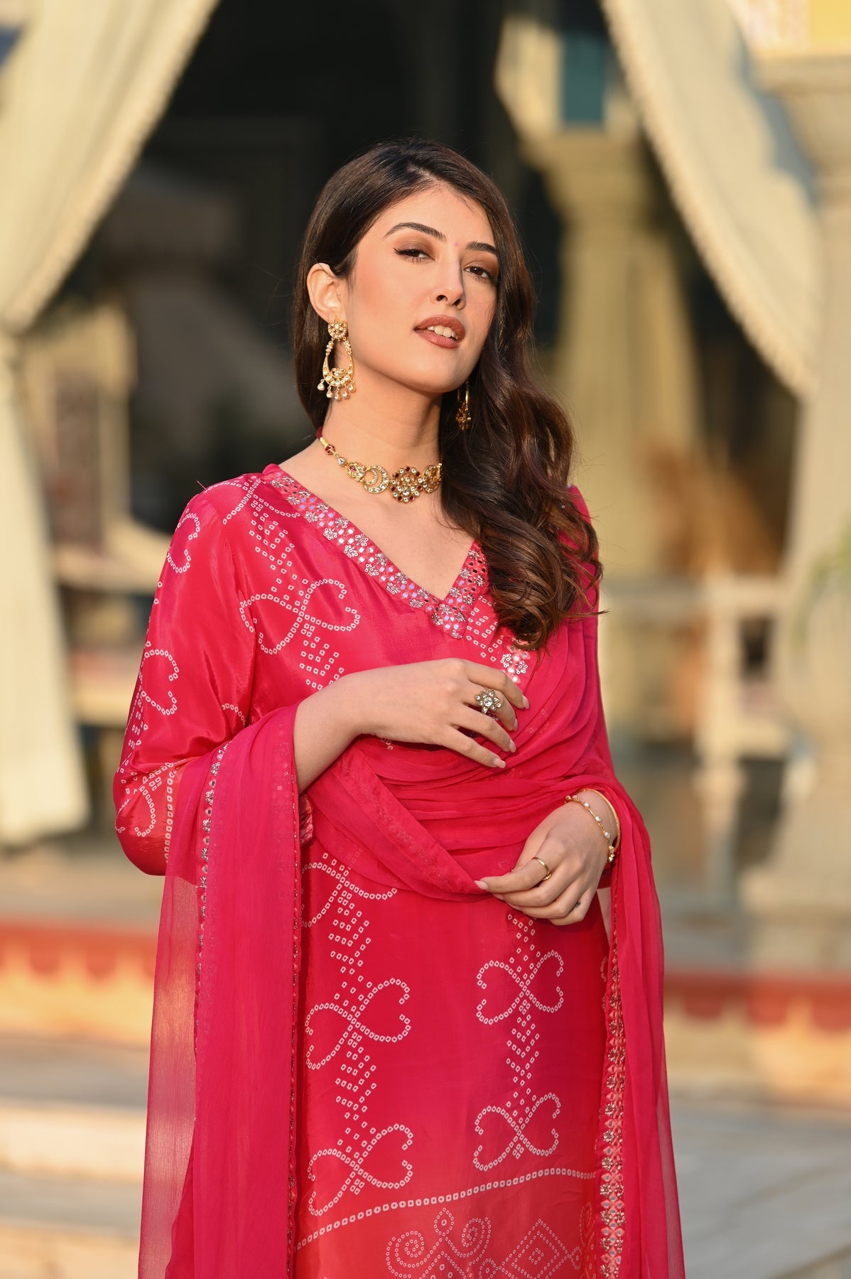 Trendy red Bandhani Printed Kurta Set for Women – Ethnic Suit with Dupatta