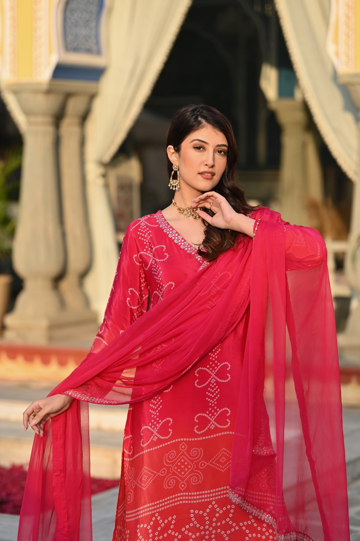 Trendy red Bandhani Printed Kurta Set for Women – Ethnic Suit with Dupatta