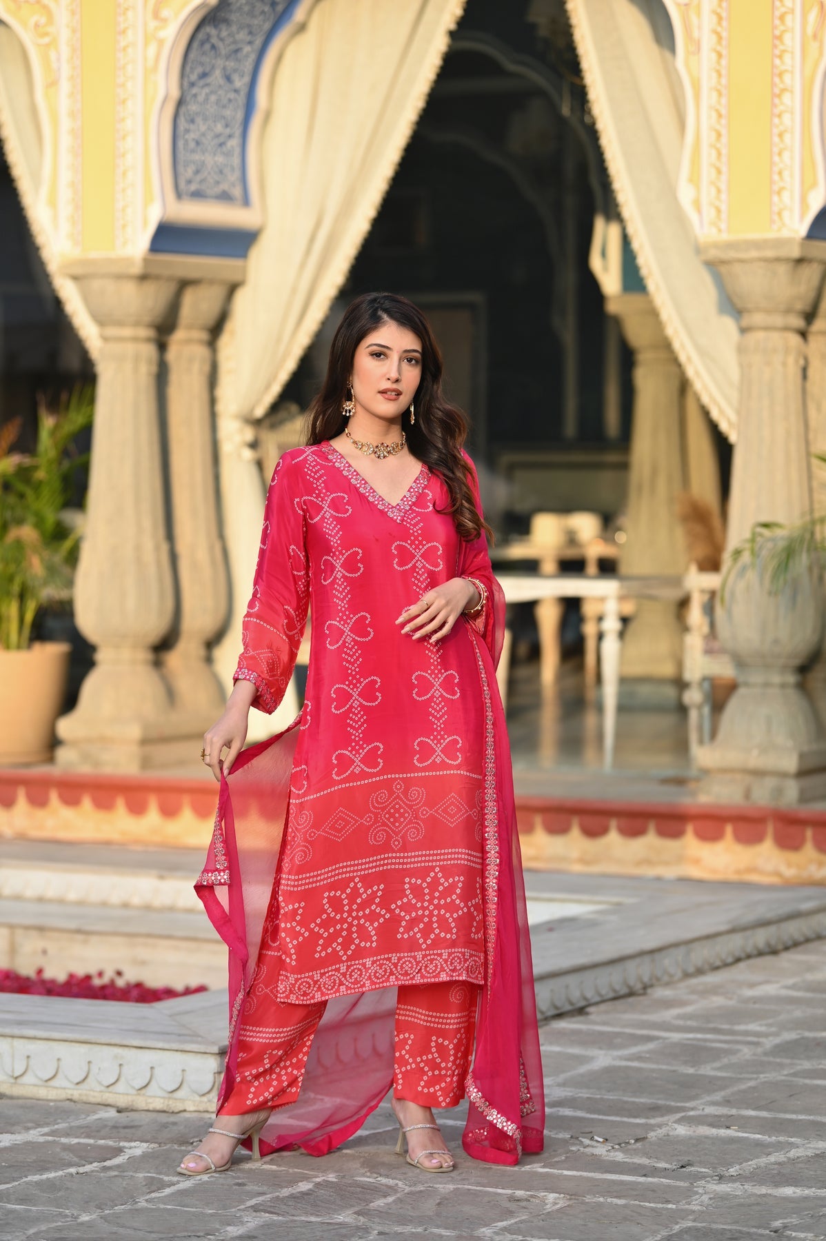 Trendy red Bandhani Printed Kurta Set for Women – Ethnic Suit with Dupatta