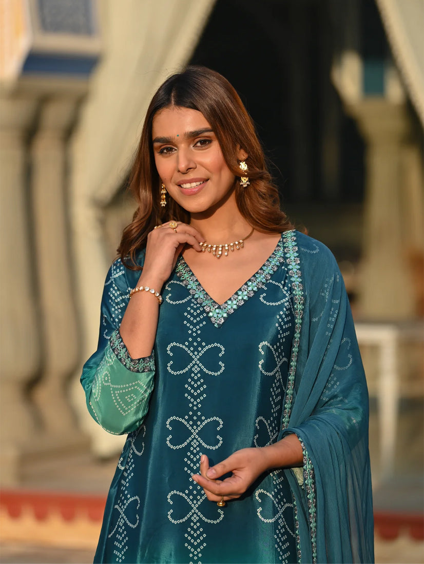 Luxury Ethnic Wear Soft Chinnon Silk Kurti Set with Intricate Handwork Dupatta