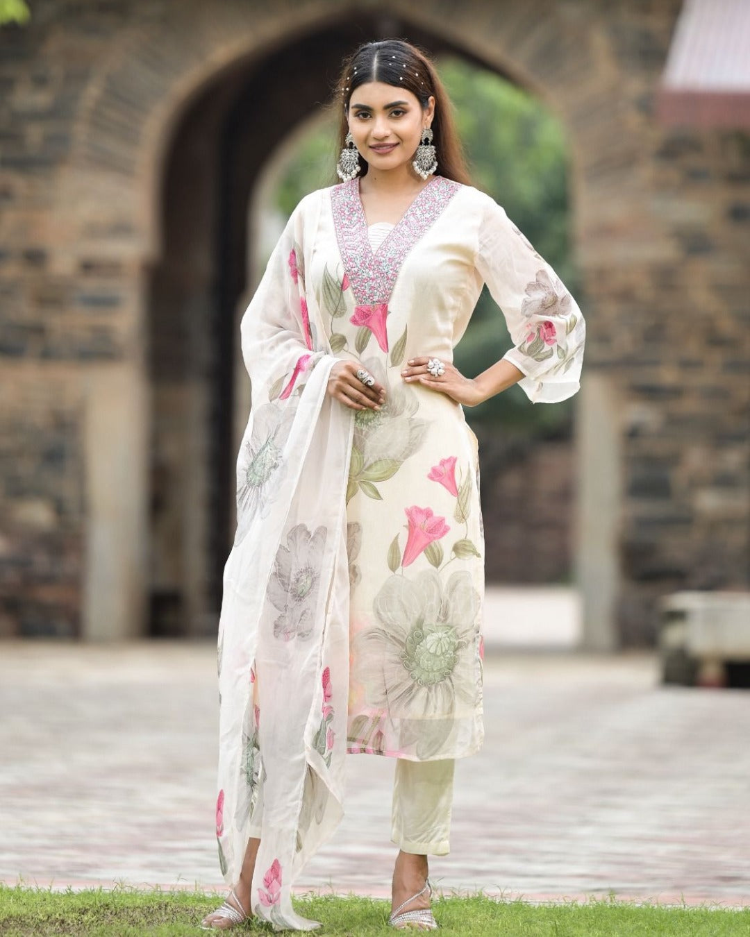Exclusive Party Wear Embroidered white Kurta Pant Dupatta Set for Women's and Girl's