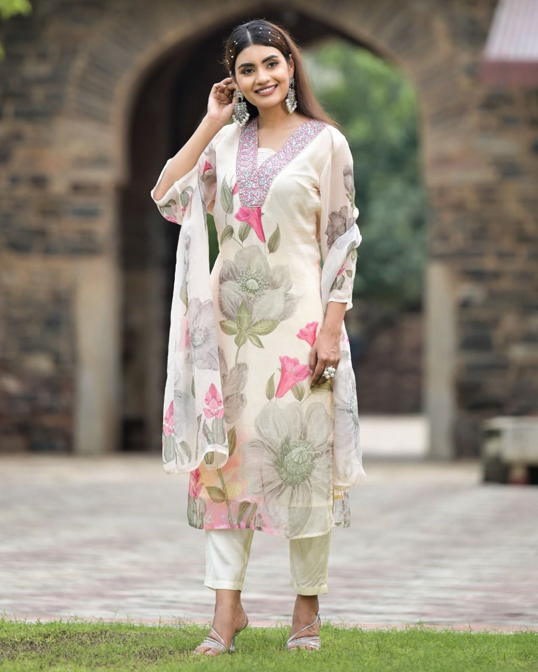 Exclusive Party Wear Embroidered white Kurta Pant Dupatta Set for Women's and Girl's