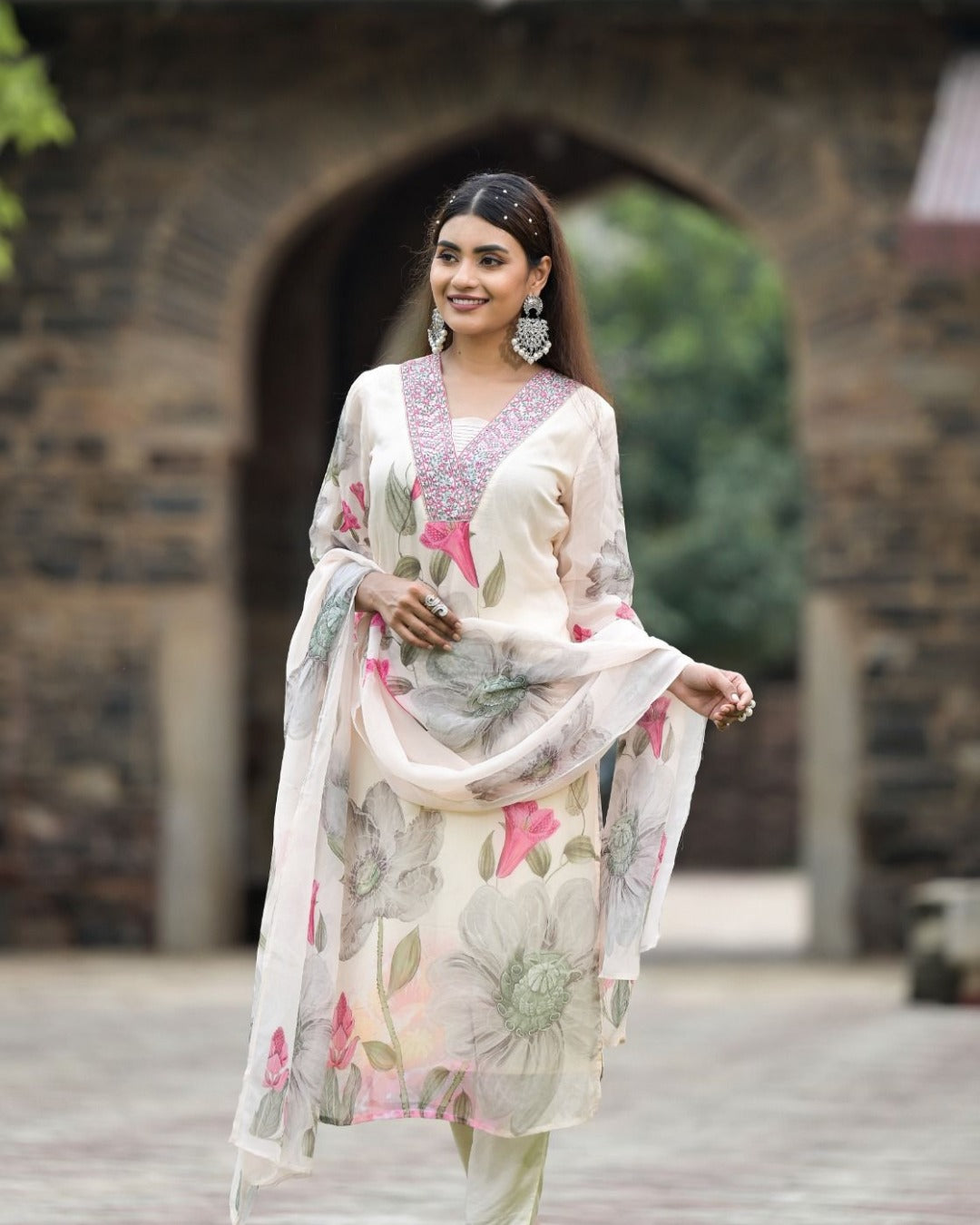 Exclusive Party Wear Embroidered white Kurta Pant Dupatta Set for Women's and Girl's