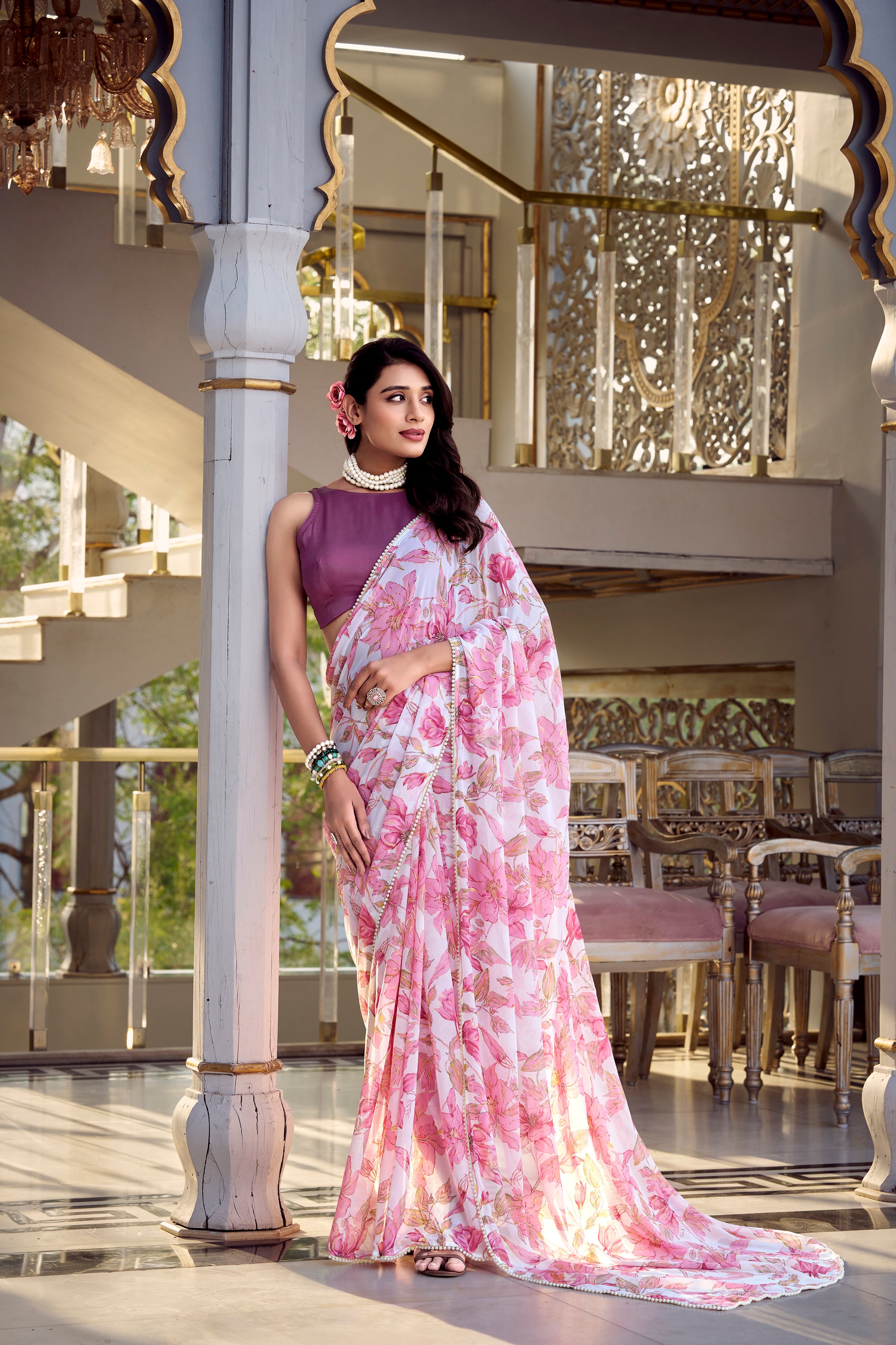 Floral Beads and Stones Pure Georgette Tussar Saree
