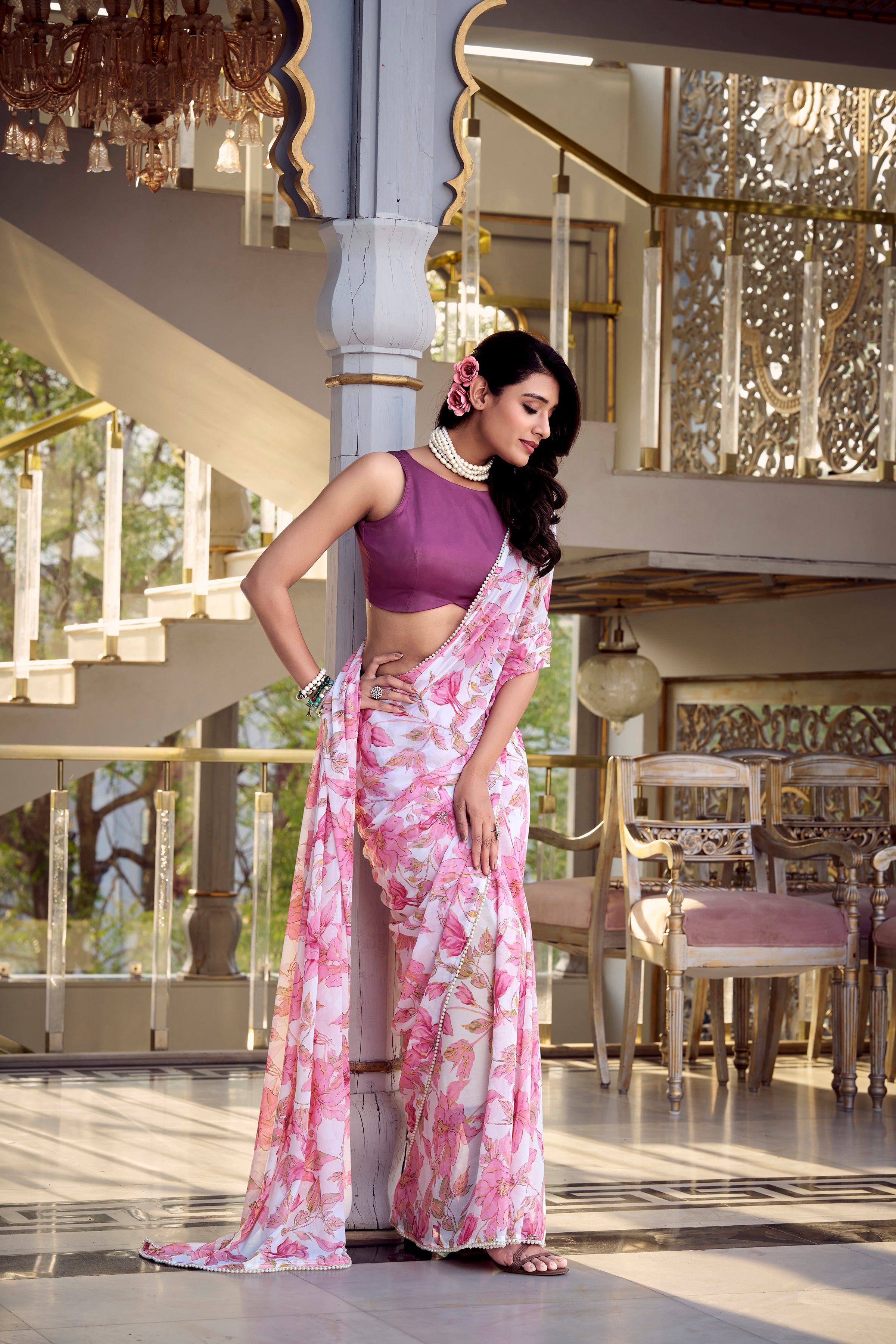 Floral Beads and Stones Pure Georgette Tussar Saree