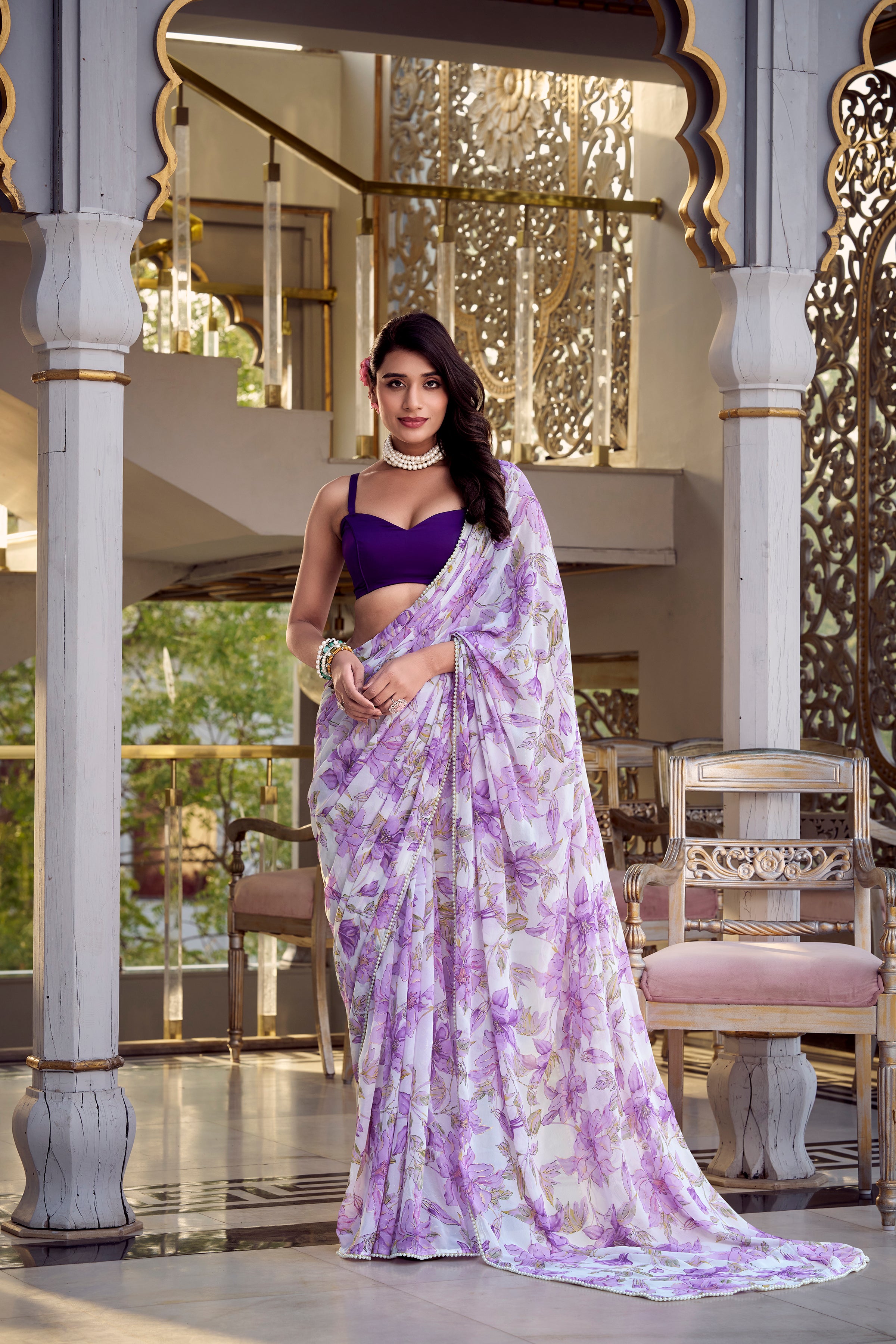 Lavender Moonga Silk Floral Print Saree