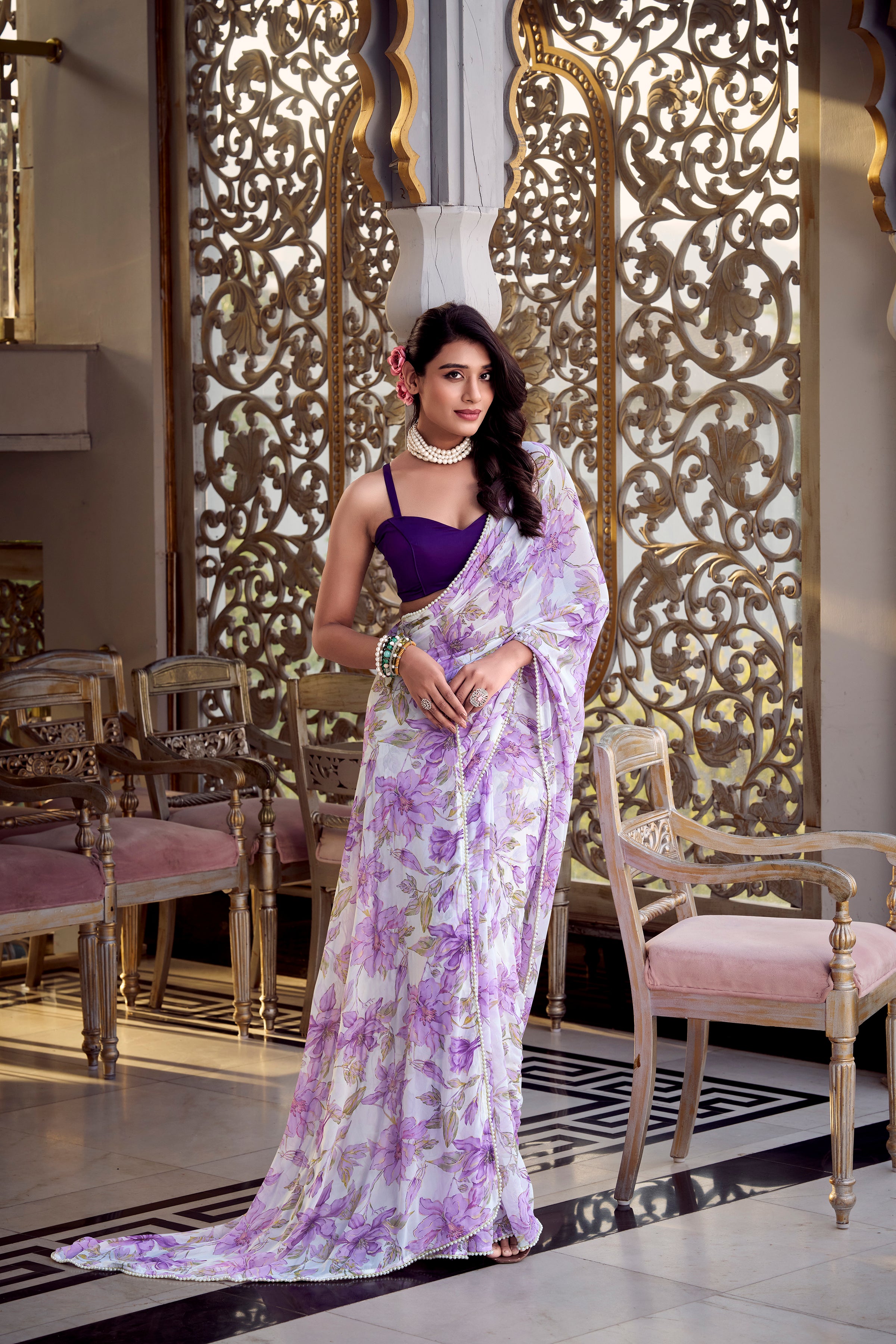 Lavender Moonga Silk Floral Print Saree
