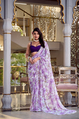 Lavender Moonga Silk Floral Print Saree