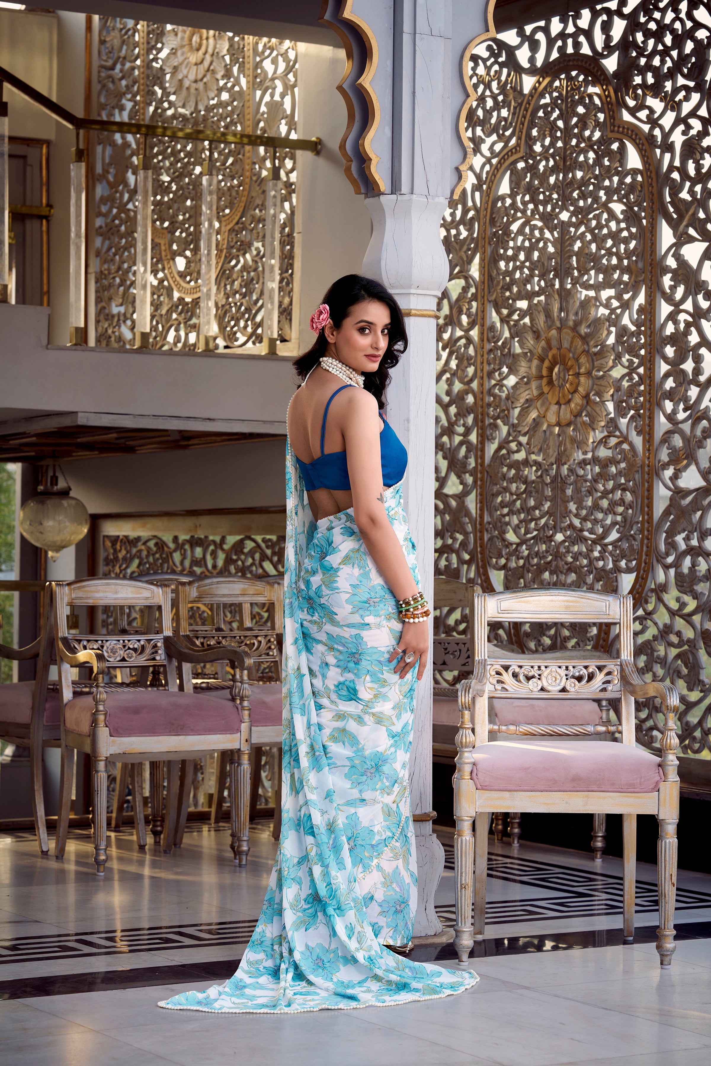 Moonga Silk Sky Blue Daily Wear Floral Print Saree