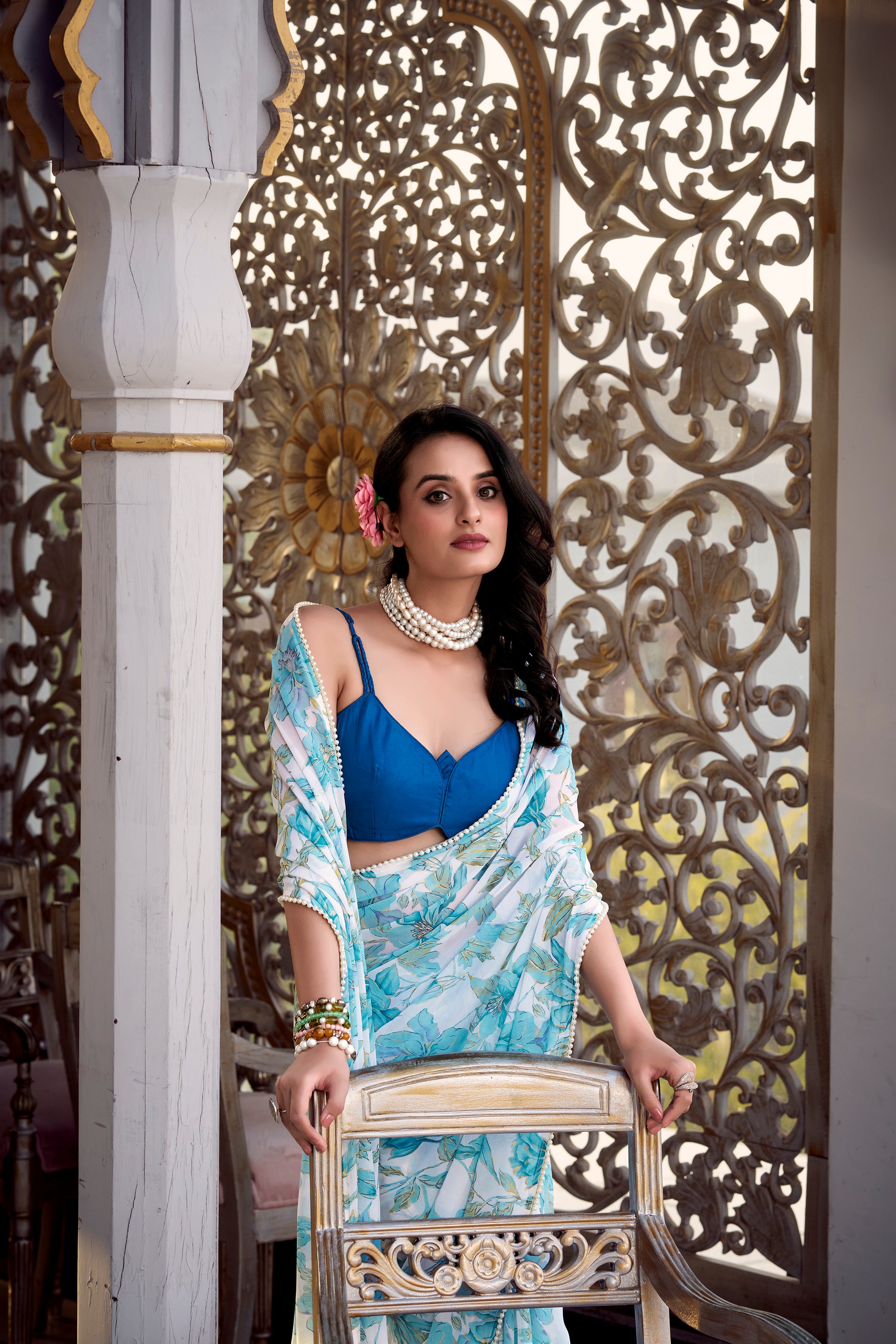 Moonga Silk Sky Blue Daily Wear Floral Print Saree